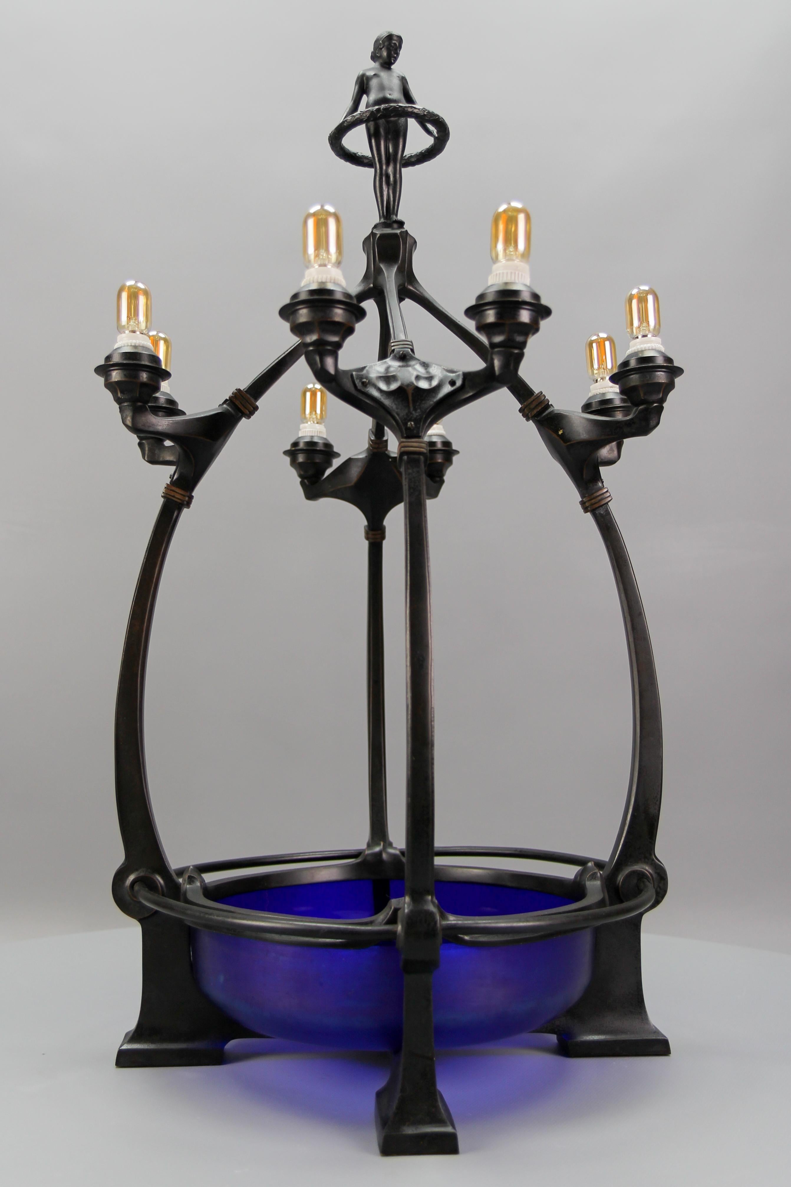 Art Deco Figural Eight-Light Table Lamp with Blue Iridescent Glass, 1930s For Sale 5