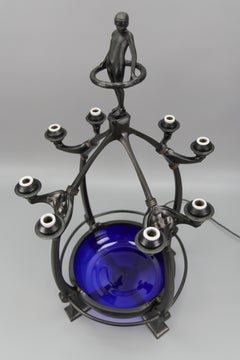 Art Deco Figural Eight-Light Table Lamp with Blue Iridescent Glass, 1930s