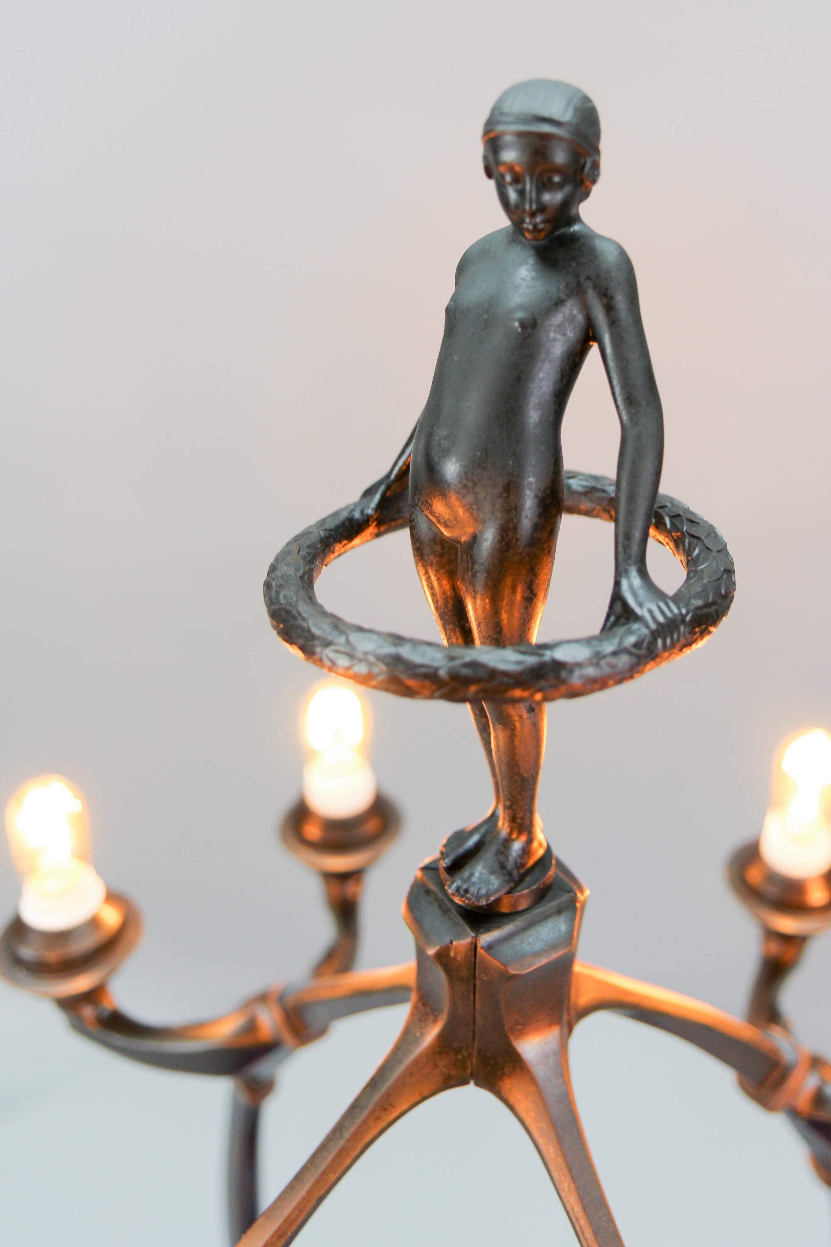 Art Deco Figural Eight-Light Table Lamp with Blue Iridescent Glass, 1930s For Sale 1