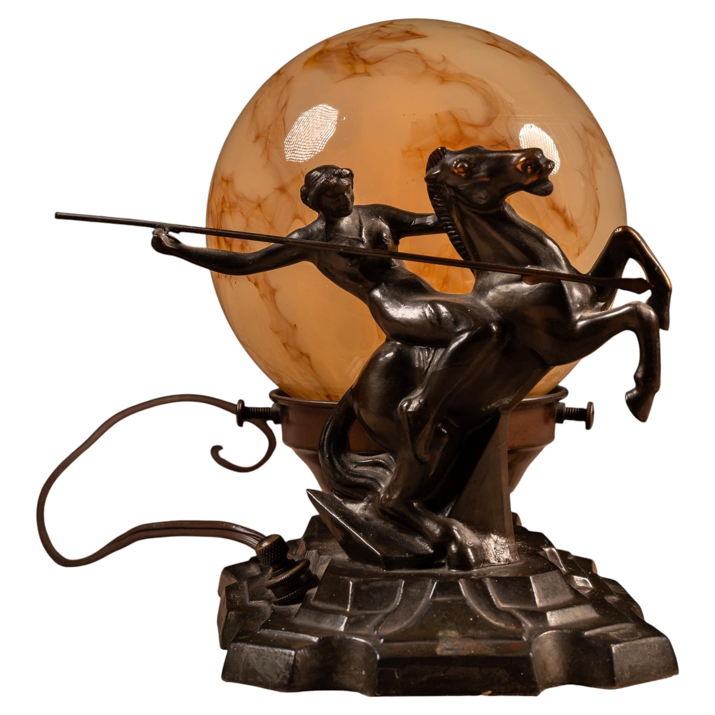 Art Deco Figural Equestrian Lamp with Marbled Glass Globe For Sale