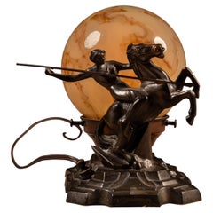Art Deco Figural Equestrian Lamp with Marbled Glass Globe