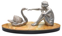 Art Deco Figural Girl and Swan, France, circa 1930