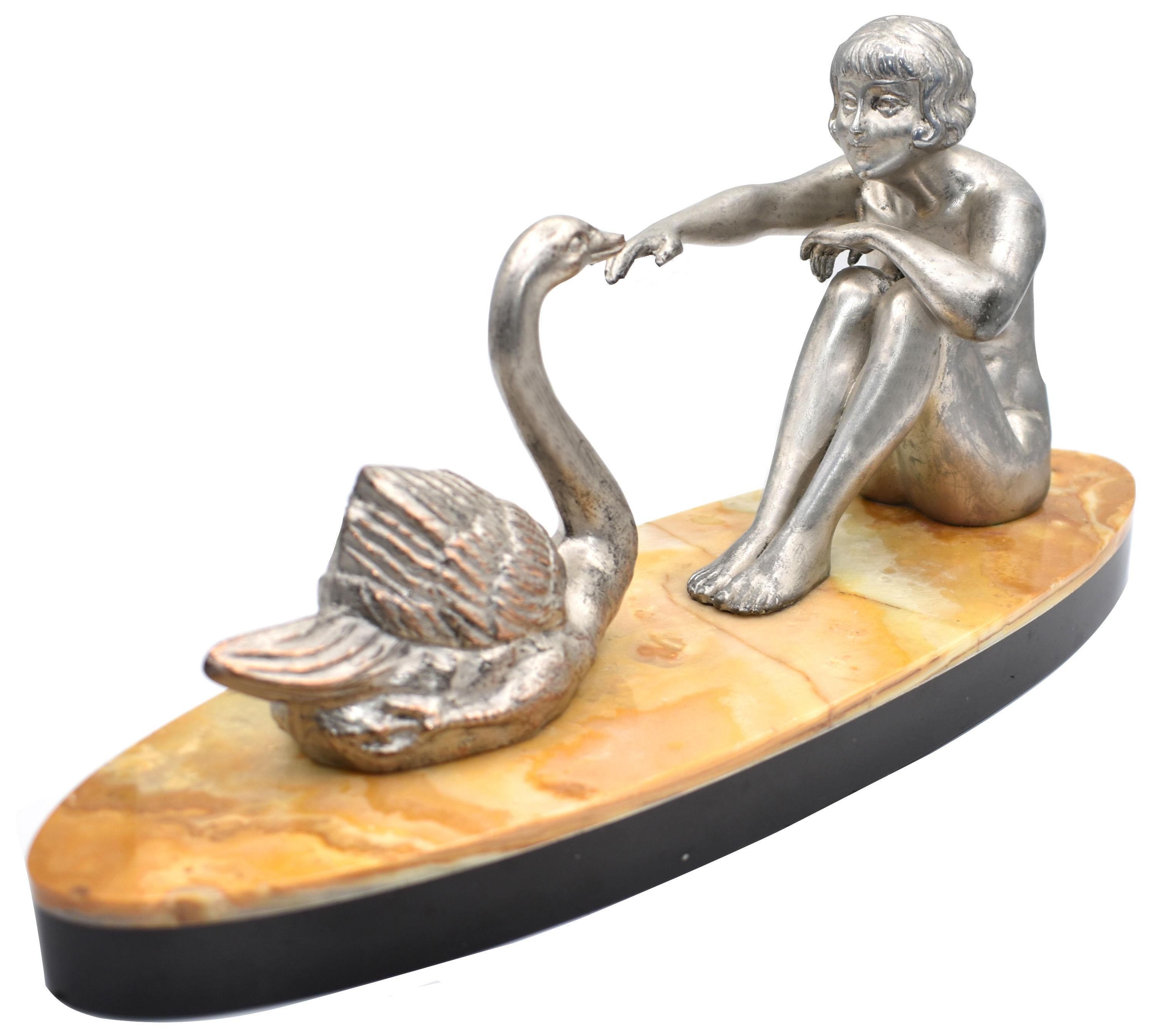 French Art Deco Figural Girl and Swan, France, circa 1930 For Sale