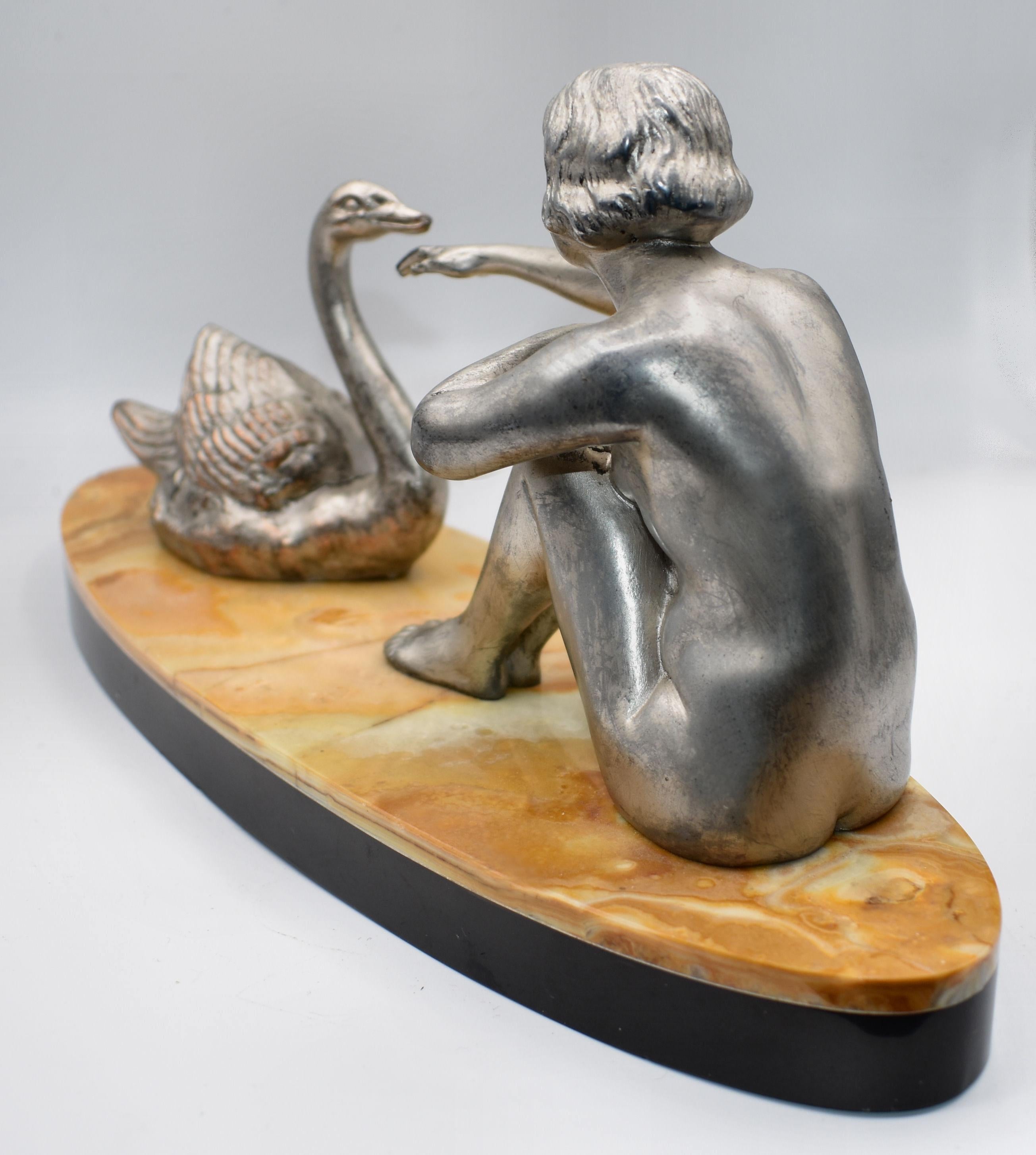 Spelter Art Deco Figural Girl and Swan, France, circa 1930 For Sale