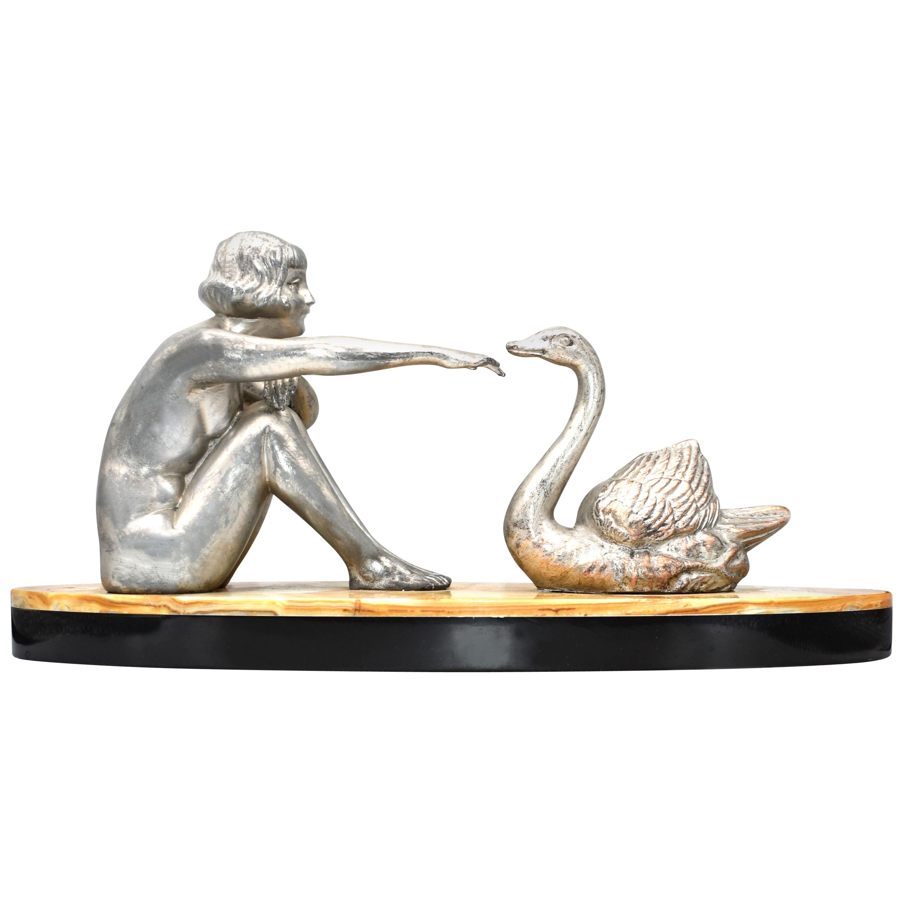 Art Deco Figural Girl and Swan, France, circa 1930 For Sale