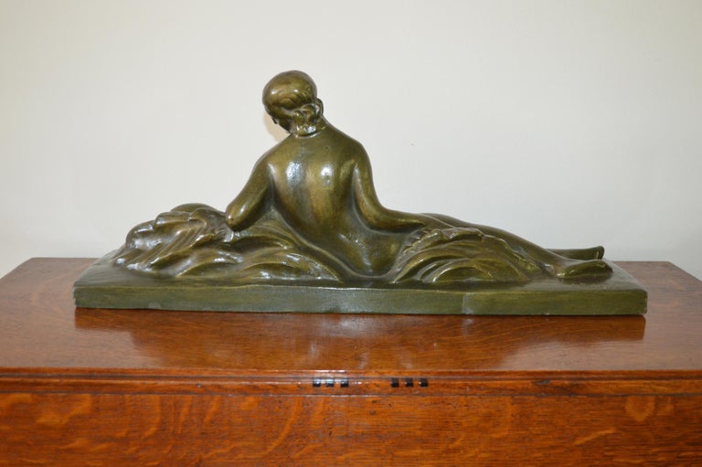 French Art Deco Figural Group of a Reclining Lady with a Deer For Sale
