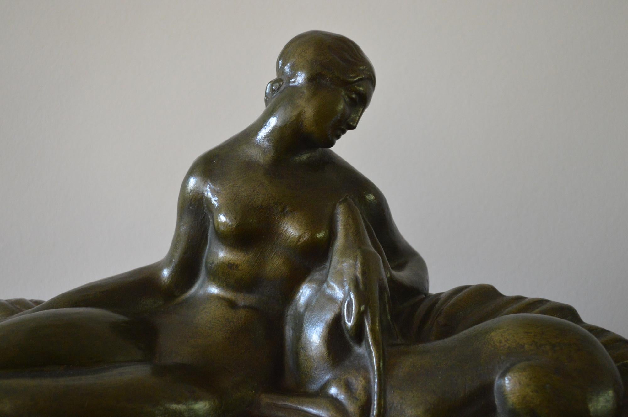 Terracotta Art Deco Figural Group of a Reclining Lady with a Deer For Sale