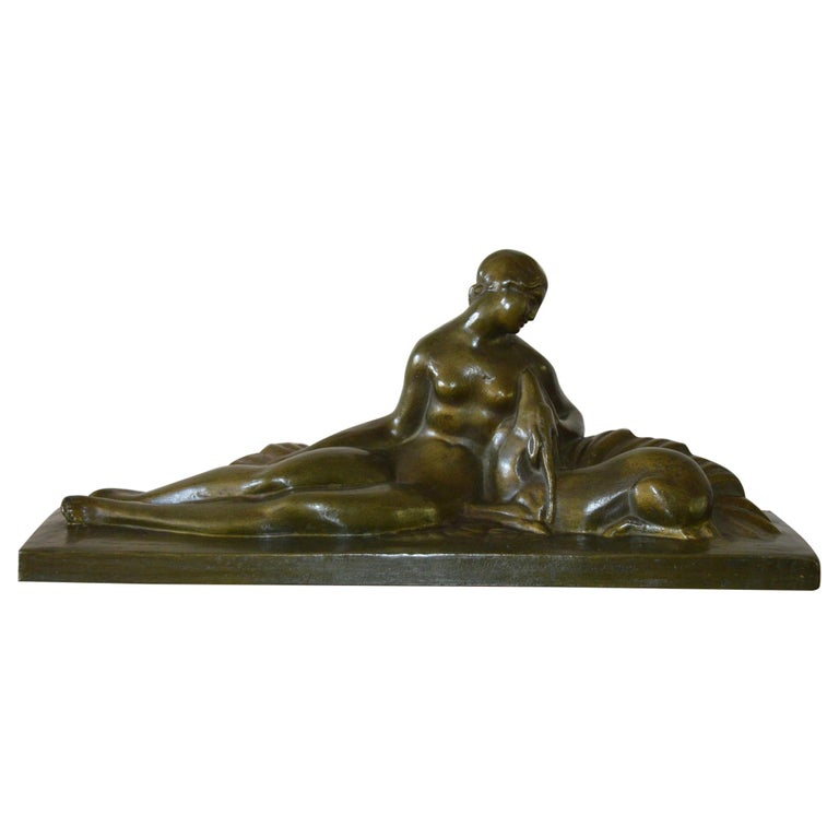Art Deco Figural Group of a Reclining Lady with a Deer For Sale