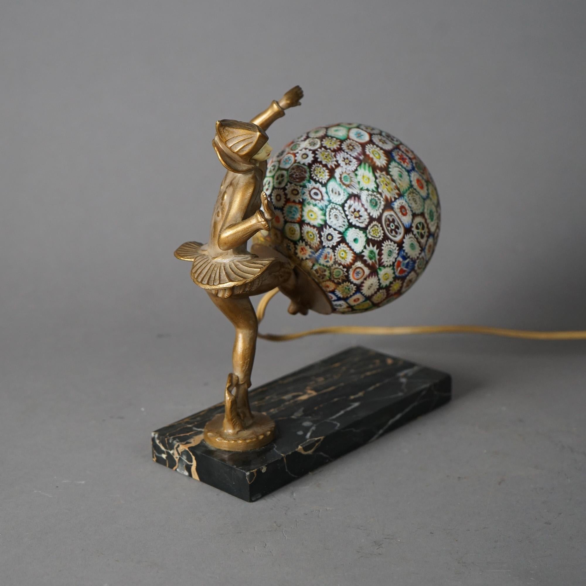 Art Deco Figural Harlequin Cast Metal Desk Lamp with Millefiori Ball Shade c1930 7