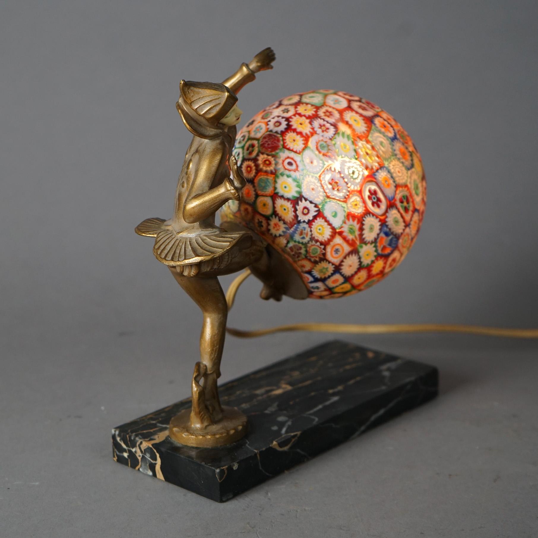 Art Deco Figural Harlequin Cast Metal Desk Lamp with Millefiori Ball Shade c1930 8