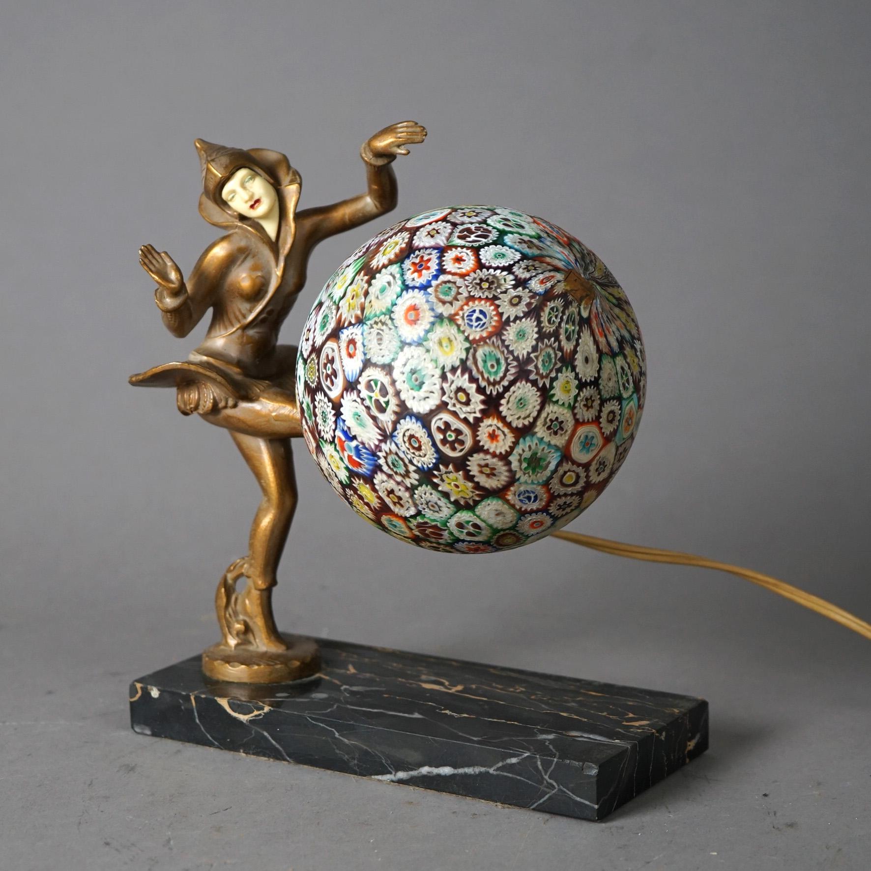 American Art Deco Figural Harlequin Cast Metal Desk Lamp with Millefiori Ball Shade c1930
