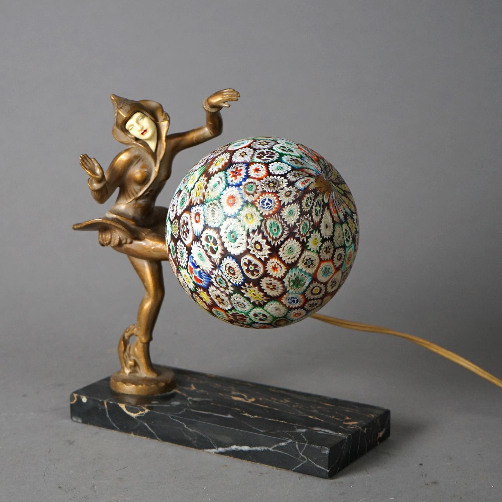 Art Deco Figural Harlequin Cast Metal Desk Lamp with Millefiori Ball Shade c1930 In Good Condition In Big Flats, NY