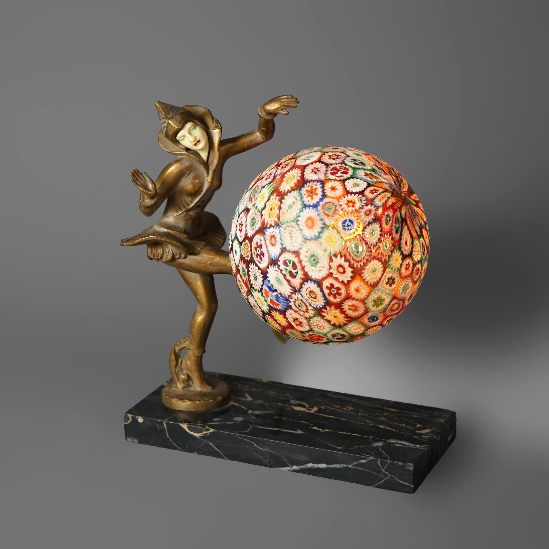 Art Deco Figural Harlequin Cast Metal Desk Lamp with Millefiori Ball Shade c1930 1