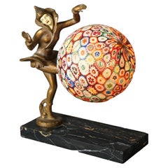 Art Deco Figural Harlequin Cast Metal Desk Lamp with Millefiori Ball Shade c1930