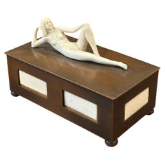 Art Deco Figural Jewelry Box with Reclining Nude Sculpture, Patinated Brass