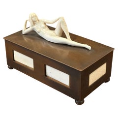 Art Deco Figural Jewelry Box with Reclining Nude Sculpture, Patinated Brass