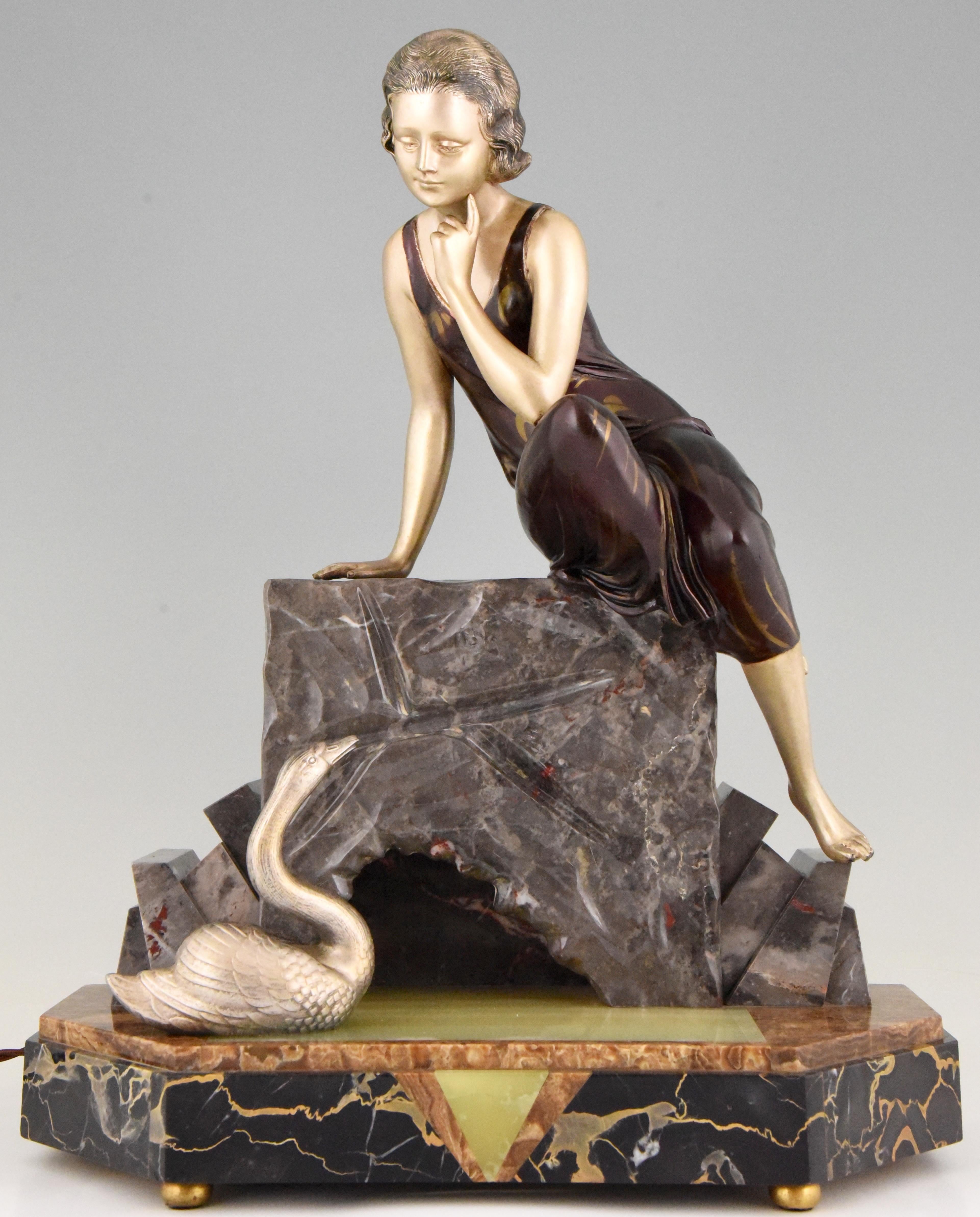 Art Deco Figural Lamp Sculpture Lady with Swan by Uriano, 1930 5