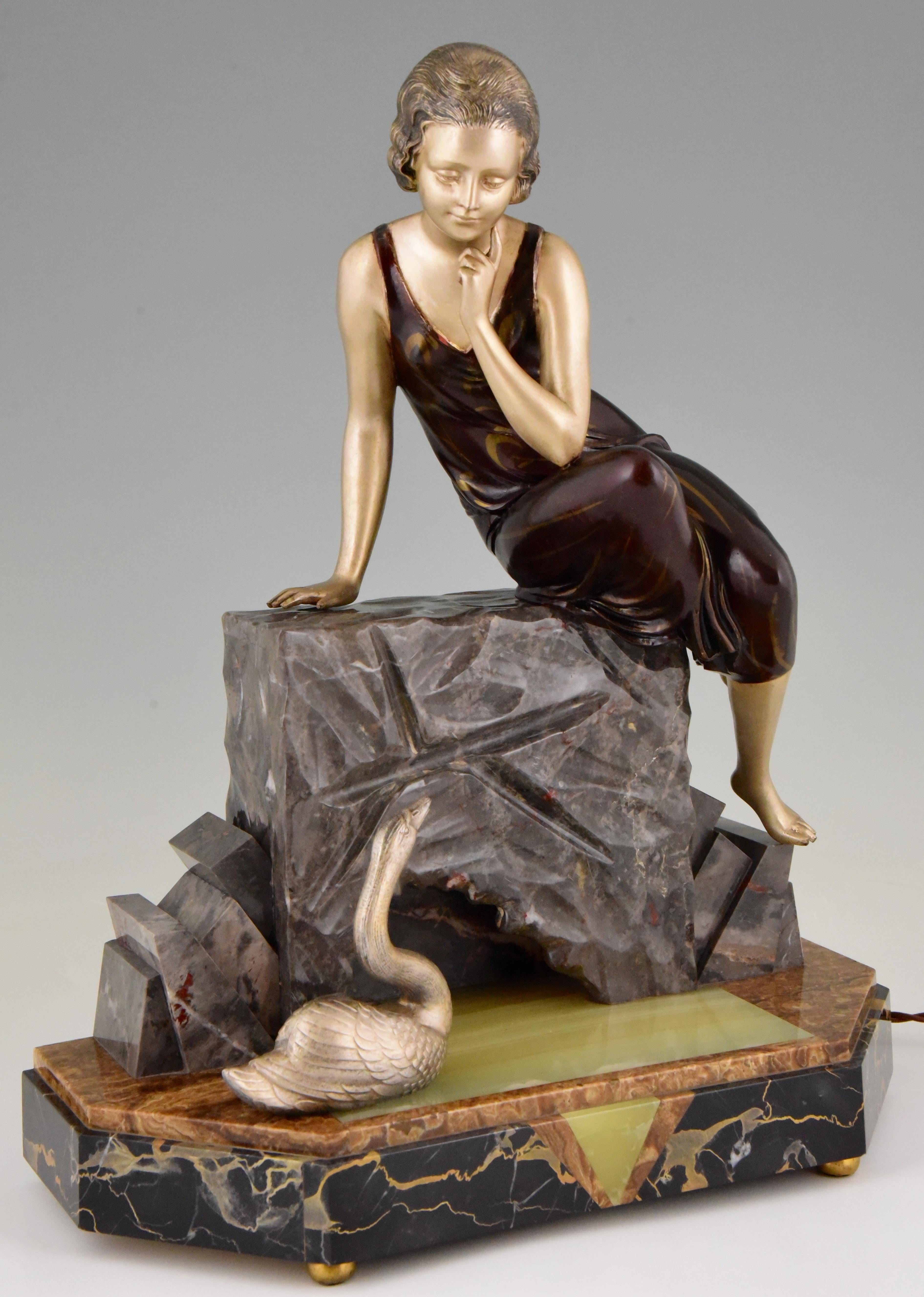 French Art Deco Figural Lamp Sculpture Lady with Swan by Uriano, 1930