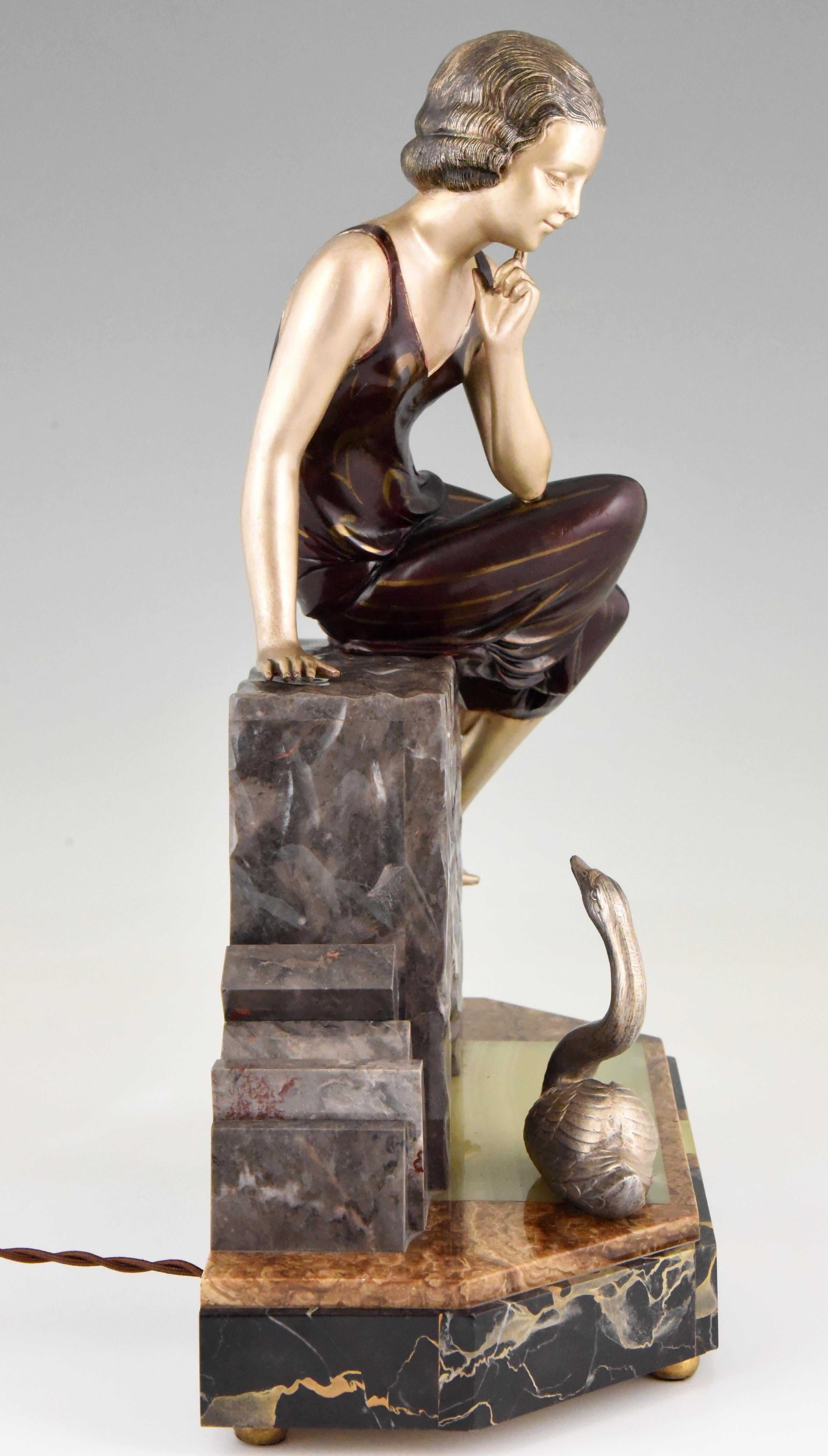 Patinated Art Deco Figural Lamp Sculpture Lady with Swan by Uriano, 1930