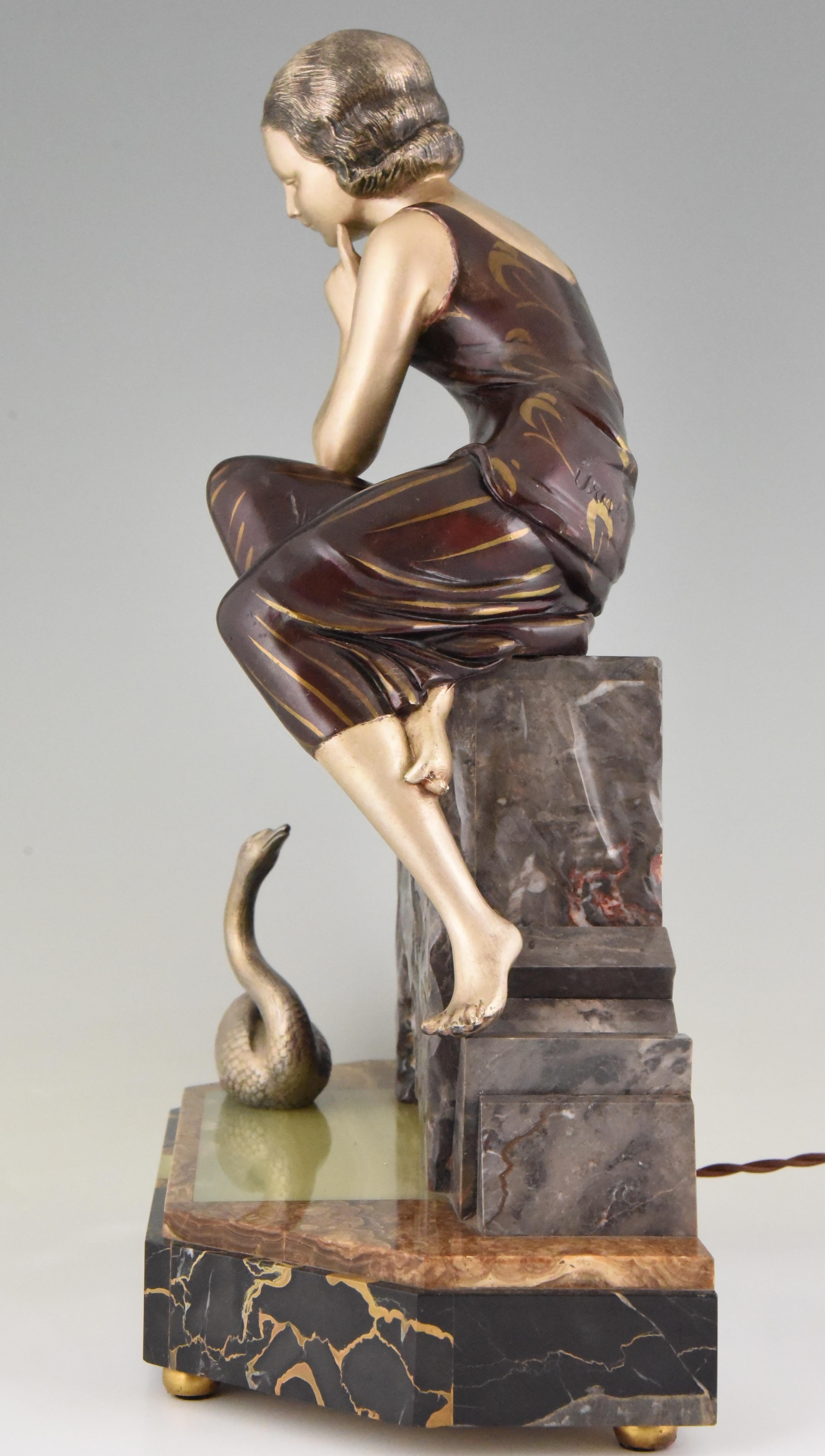 20th Century Art Deco Figural Lamp Sculpture Lady with Swan by Uriano, 1930