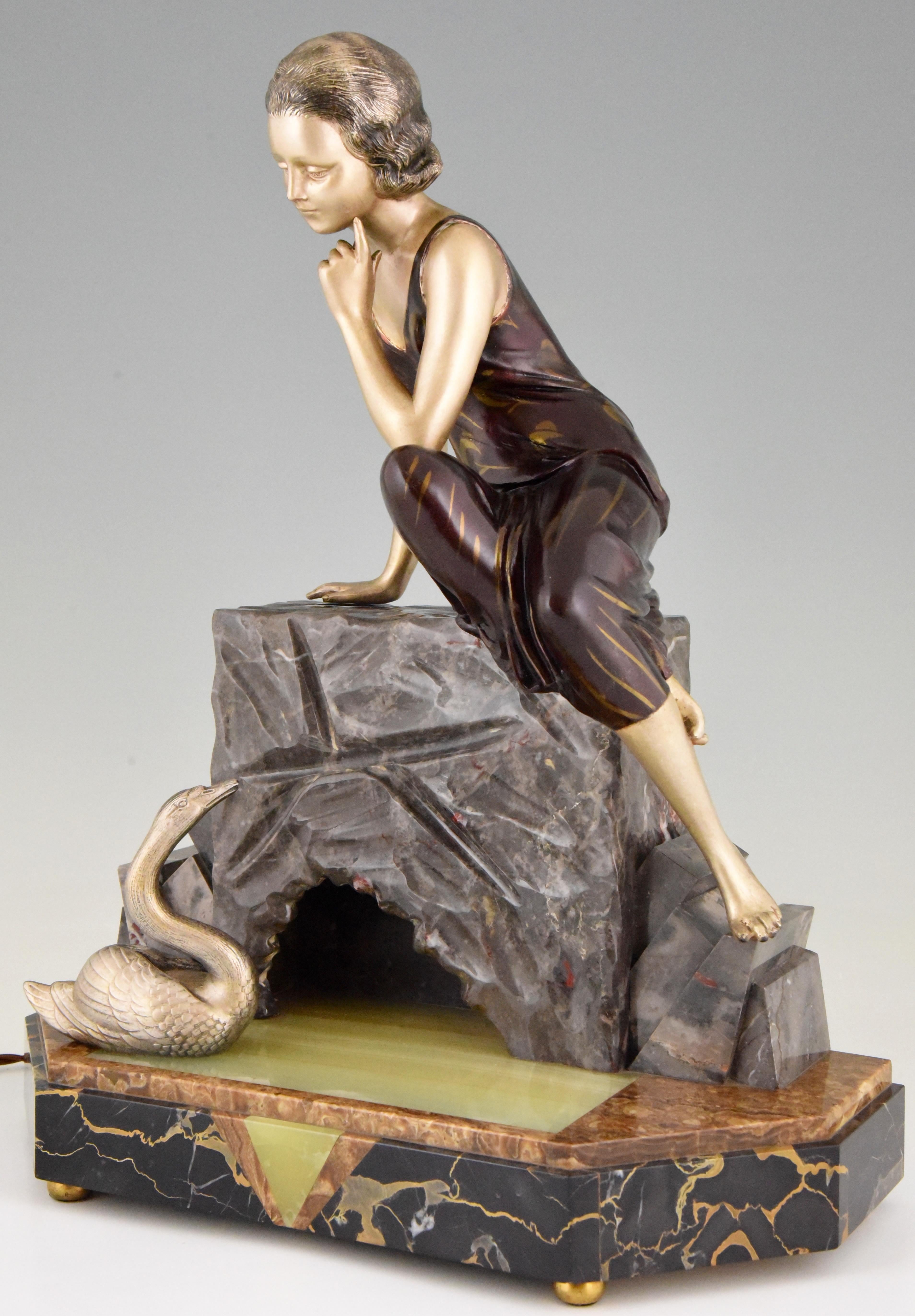 Metal Art Deco Figural Lamp Sculpture Lady with Swan by Uriano, 1930