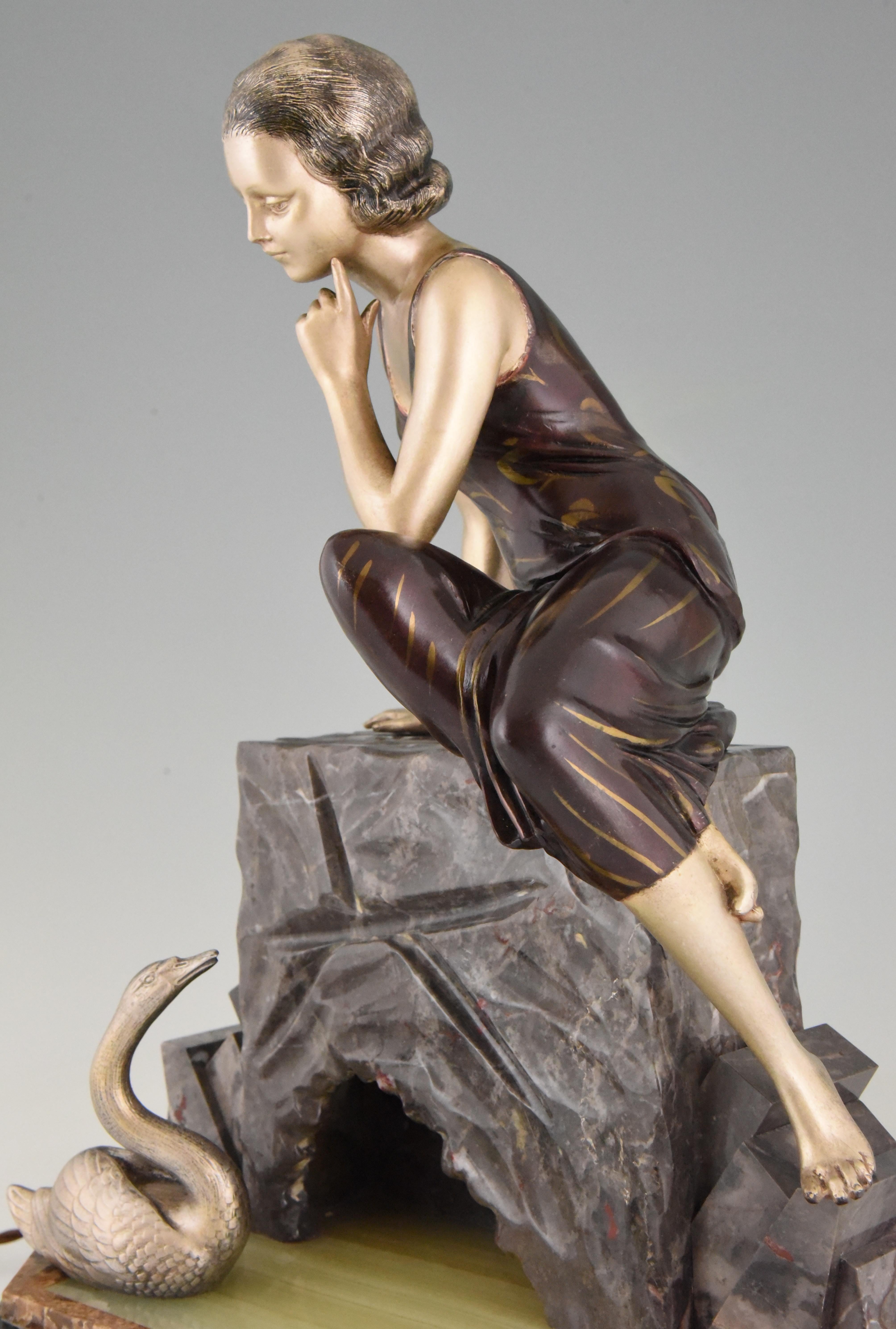 Art Deco Figural Lamp Sculpture Lady with Swan by Uriano, 1930 1