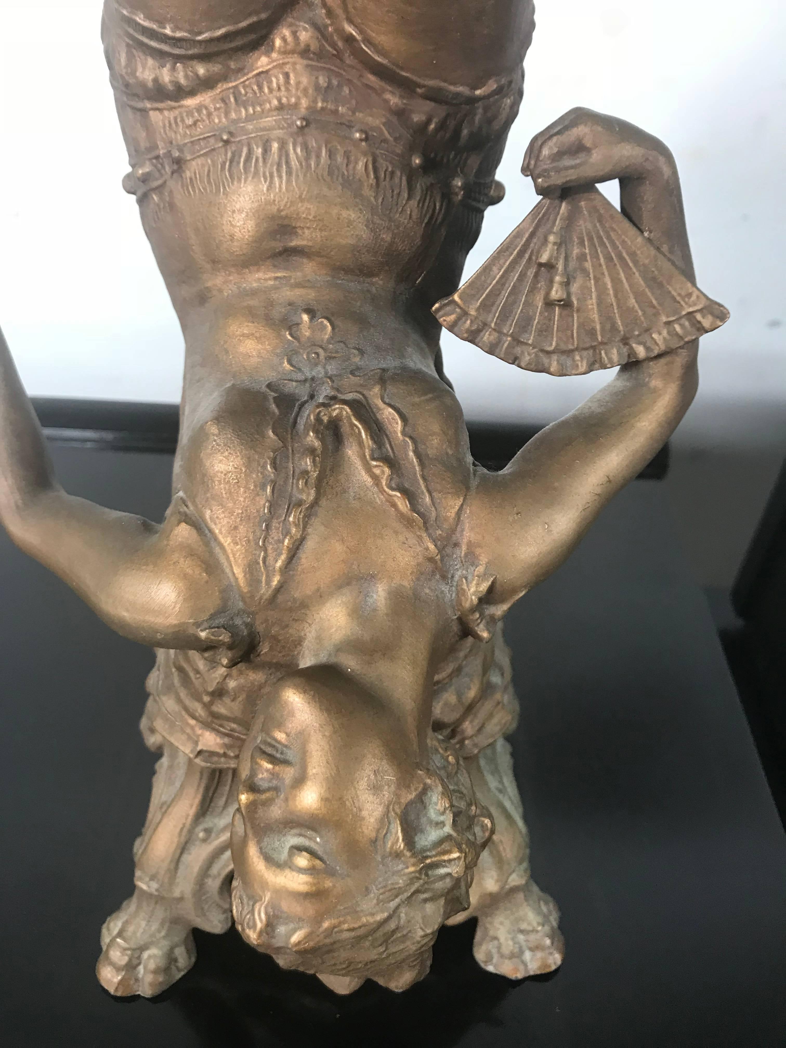 Art Deco figural lamp with original glass nugget shade, upside down woman flapper girl, amazing details, beautiful bronzed patina, retains original multi-color chunk nugget glass shade, shade 8