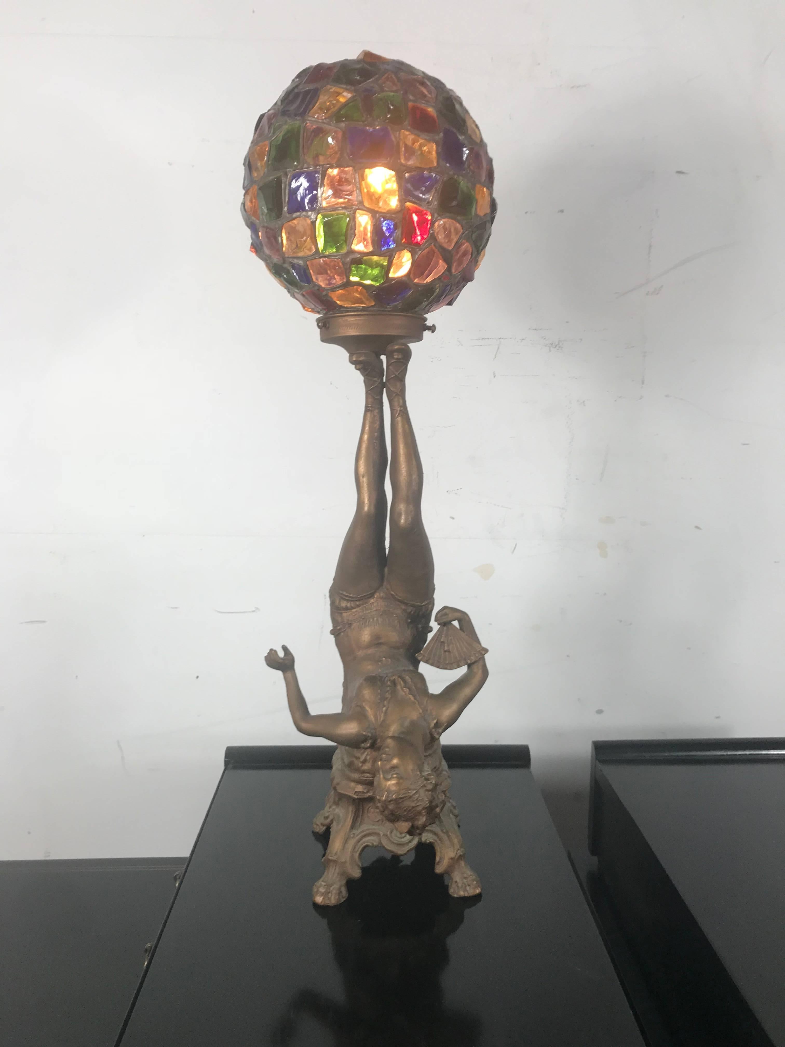 American Art Deco Figural Lamp with Original Glass Nugget Shade