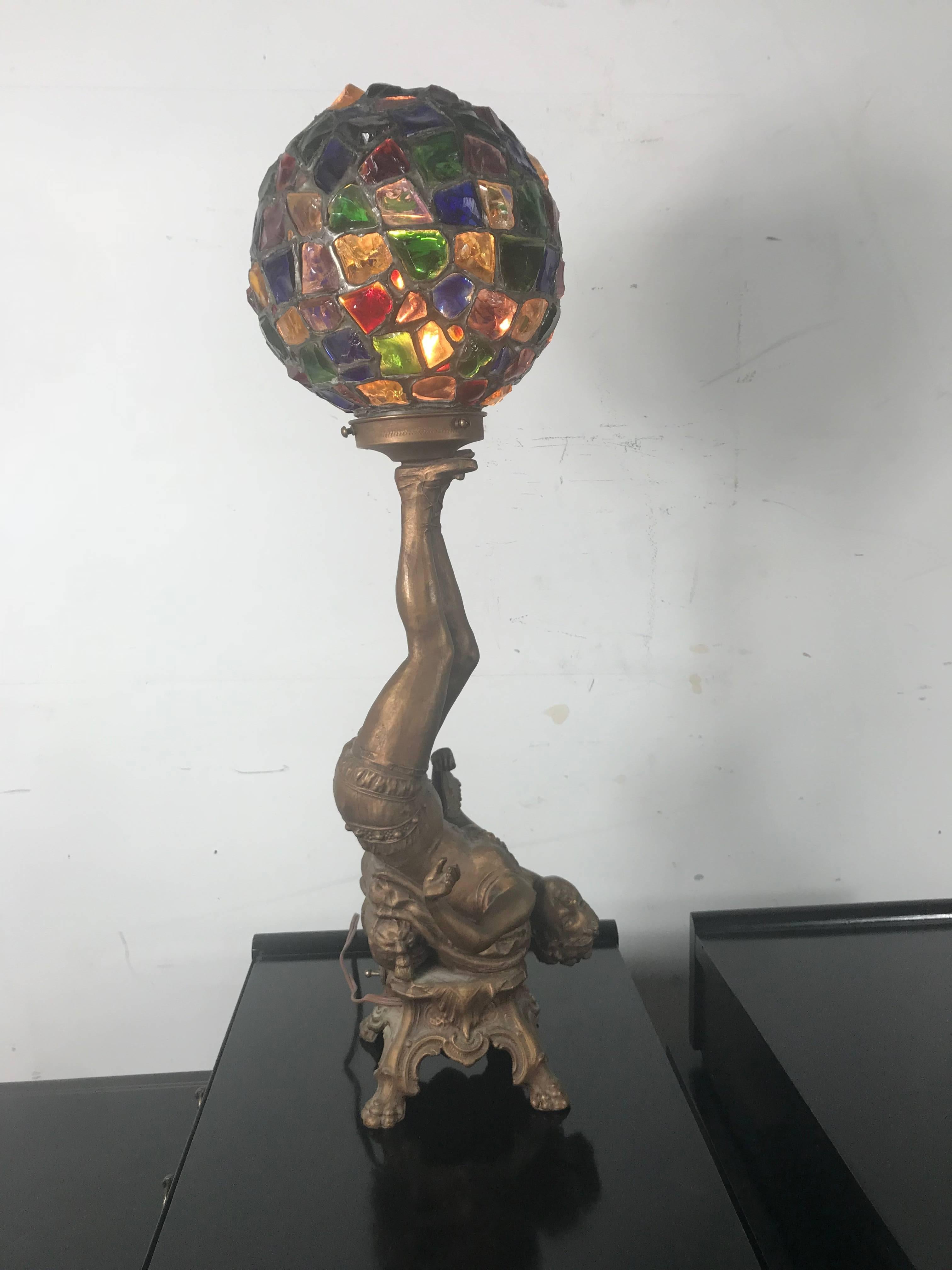 Spelter Art Deco Figural Lamp with Original Glass Nugget Shade