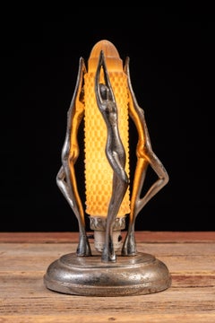 Art Deco Figural Nymph Lamp with Hobnail Glass Shade
