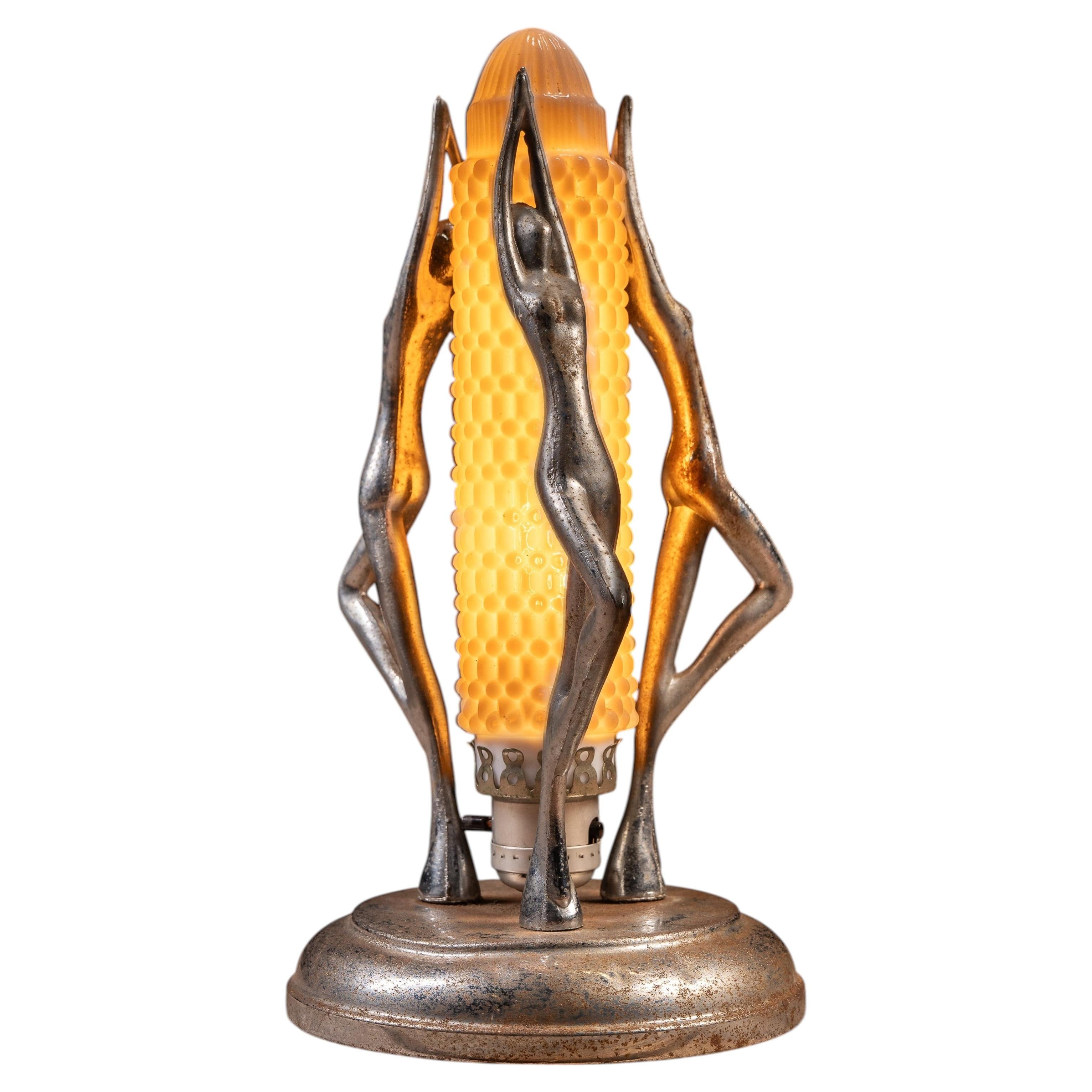 Art Deco Figural Nymph Lamp with Hobnail Glass Shade For Sale