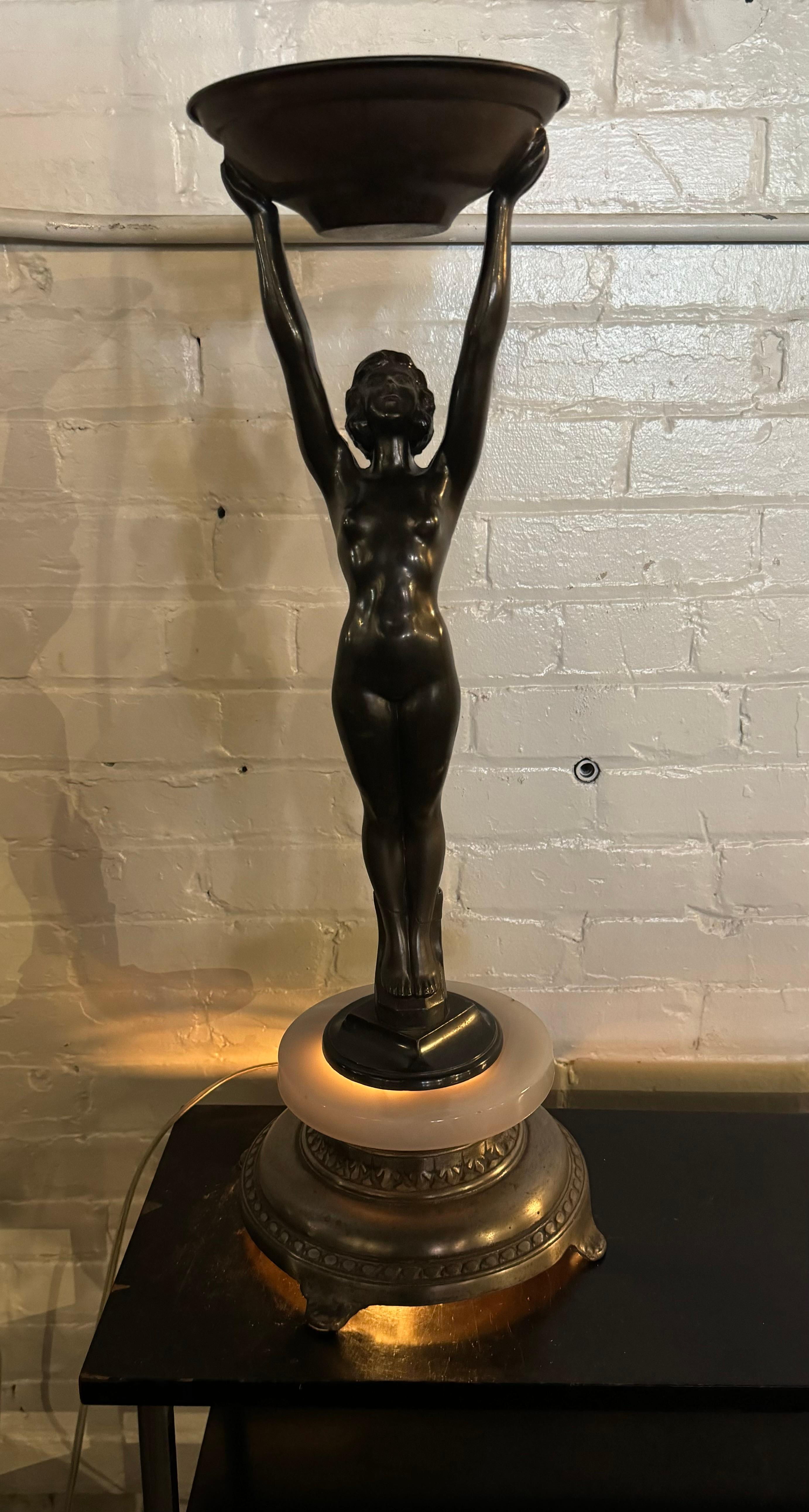 Art Deco Figural Reclining Nude Lite-up sculpture / smoking stand,, Decorative metal and marble light up base. Nice bronze patina. missing top glass insert. possibly black glass? 