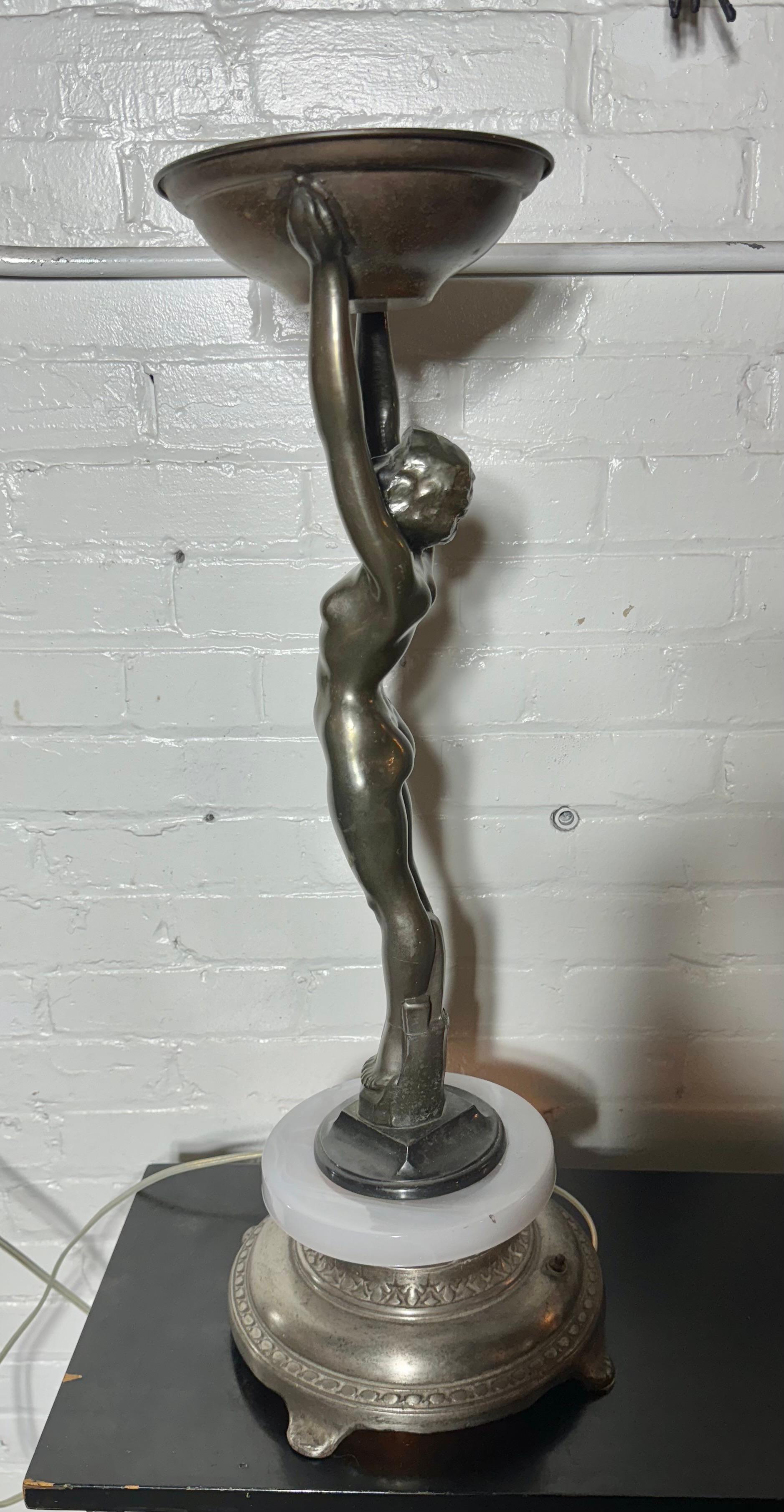 Metal Art Deco Figural Reclining Nude Lite-up sculpture / smoking stand
