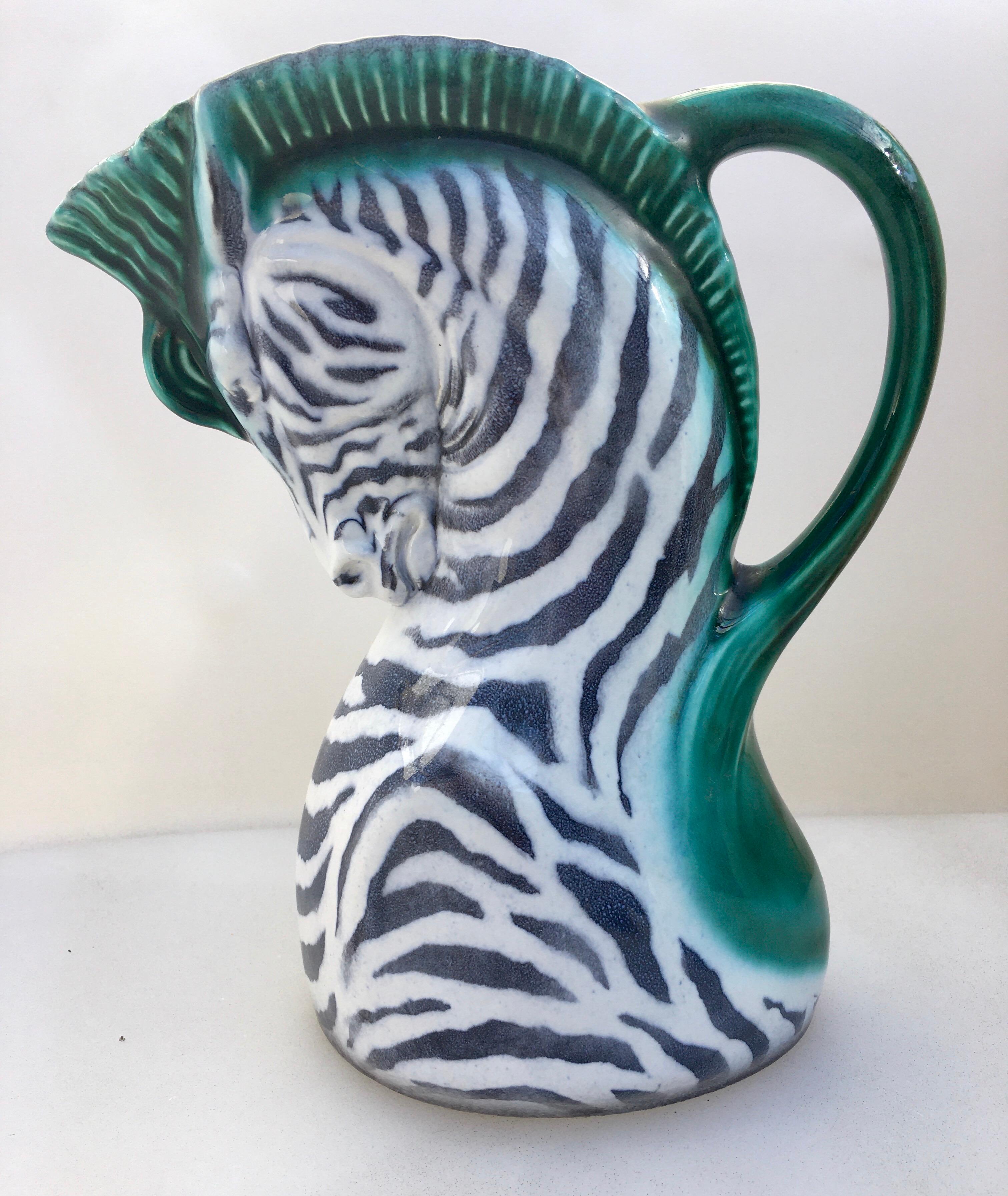 Art Deco Czechoslovakian figural zebra glazed ceramic serving pitcher by Czech Ditmar Urbach pottery.