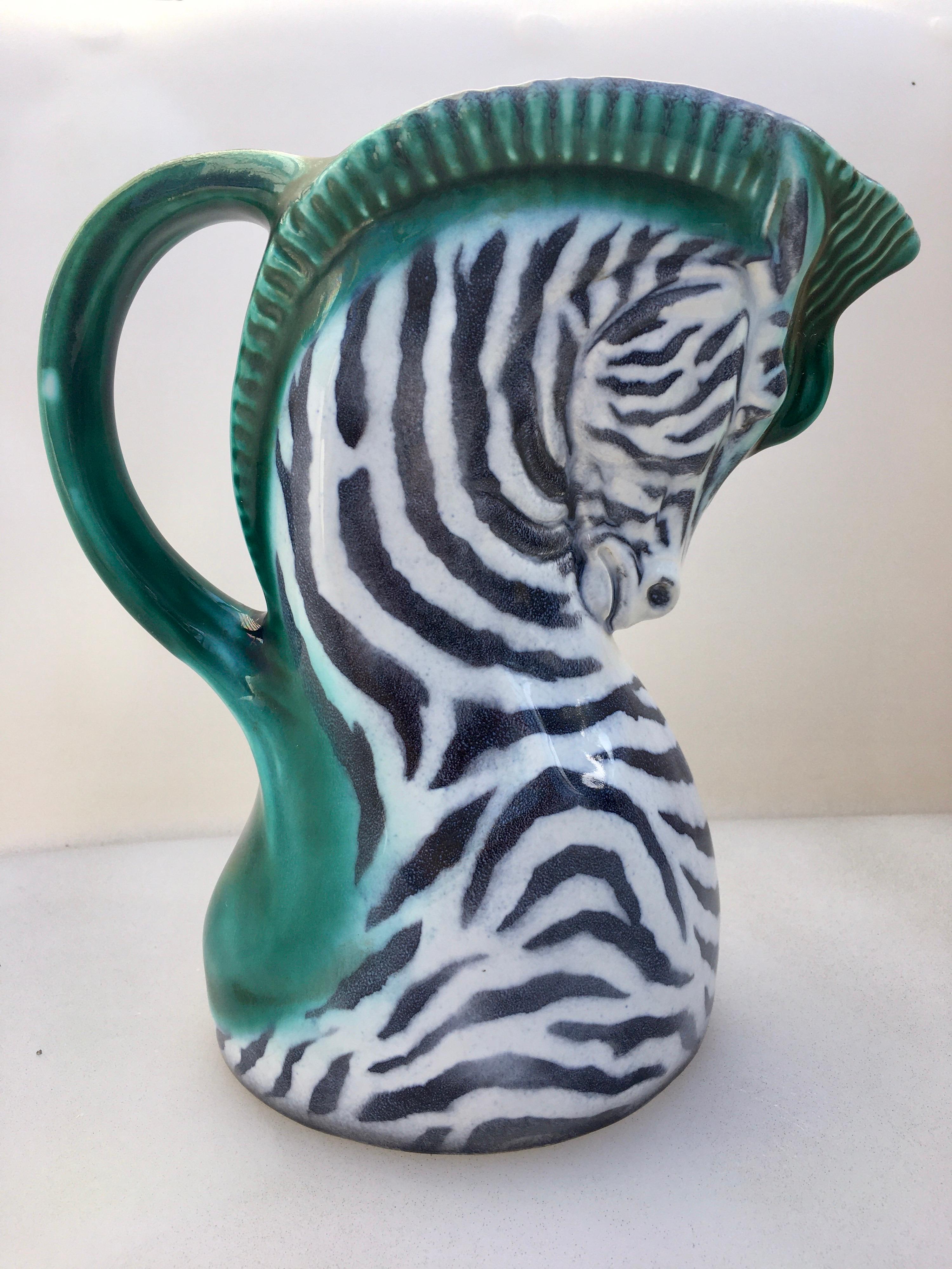 Art Deco Figural Zebra Serving Pitcher, Czech Ditmar Urbach Pottery In Good Condition In Lambertville, NJ