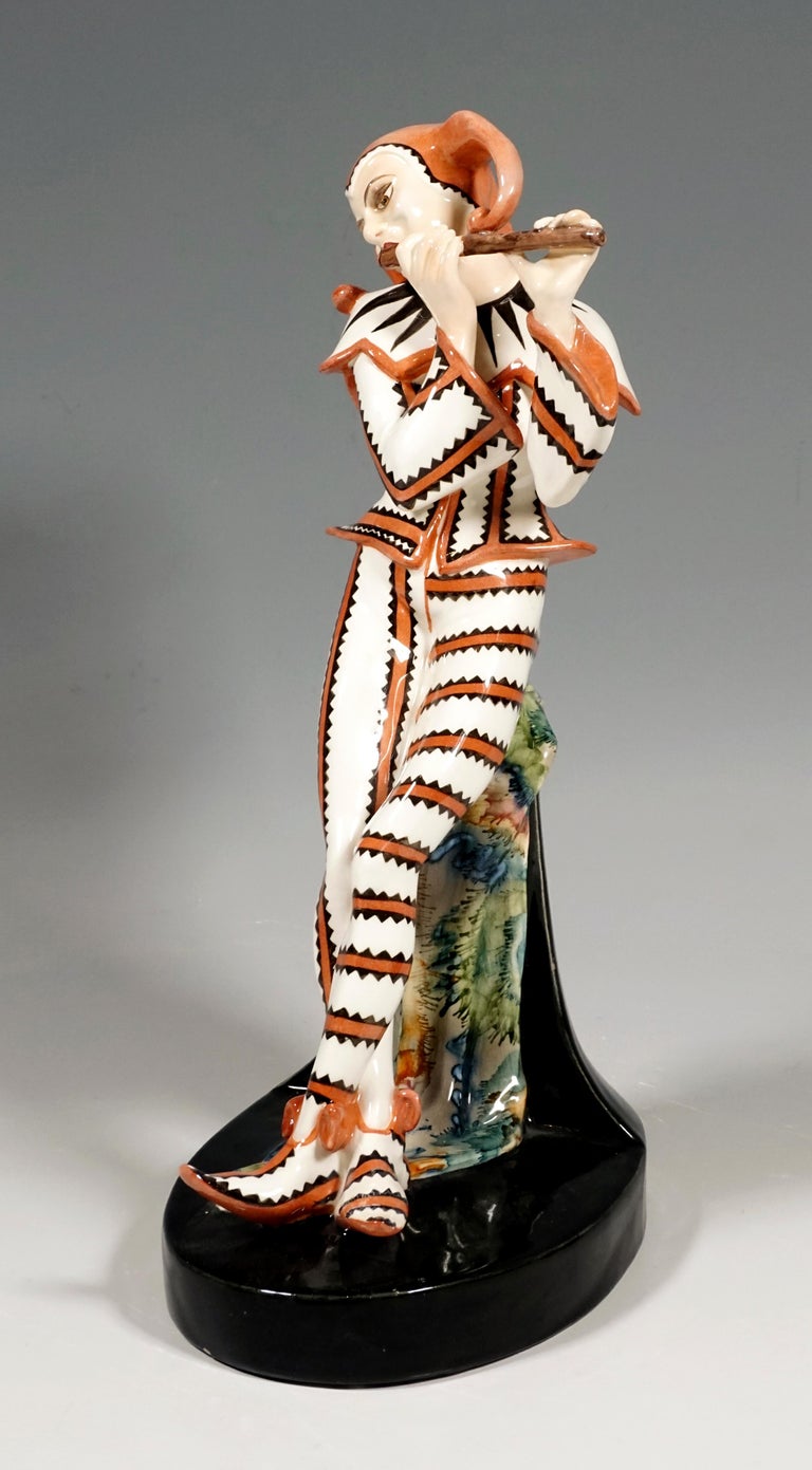 Hand-Painted Art Deco Figure, Harlequin with Flute by Josef Kostial, Goldscheider Vienna For Sale