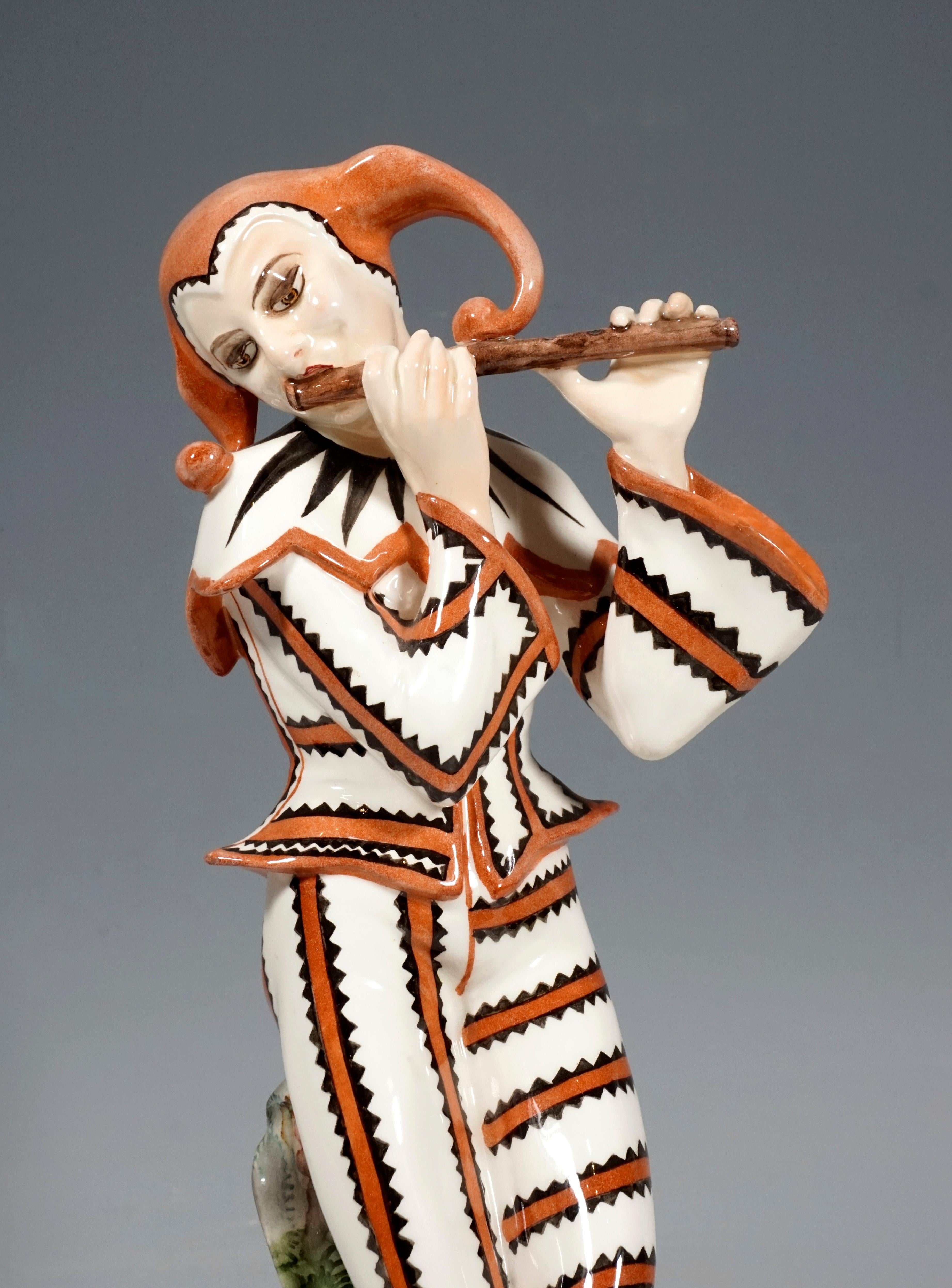 Austrian Art Deco Figure, Harlequin with Flute by Josef Kostial, Goldscheider Vienna For Sale