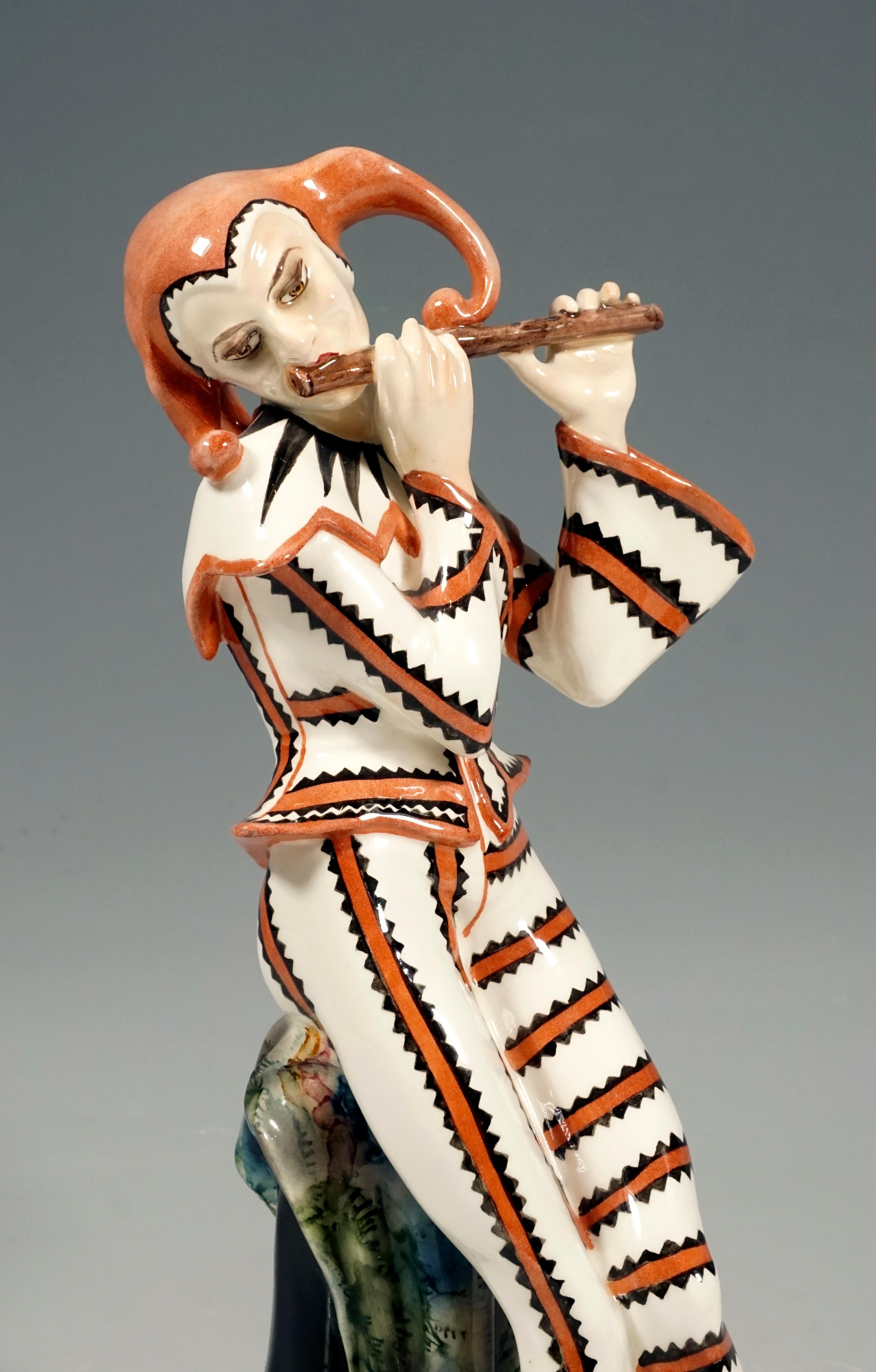 Hand-Painted Art Deco Figure, Harlequin with Flute by Josef Kostial, Goldscheider Vienna For Sale