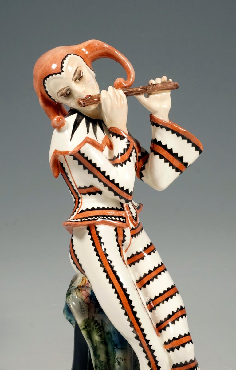 Art Deco Figure, Harlequin with Flute by Josef Kostial, Goldscheider Vienna For Sale 1