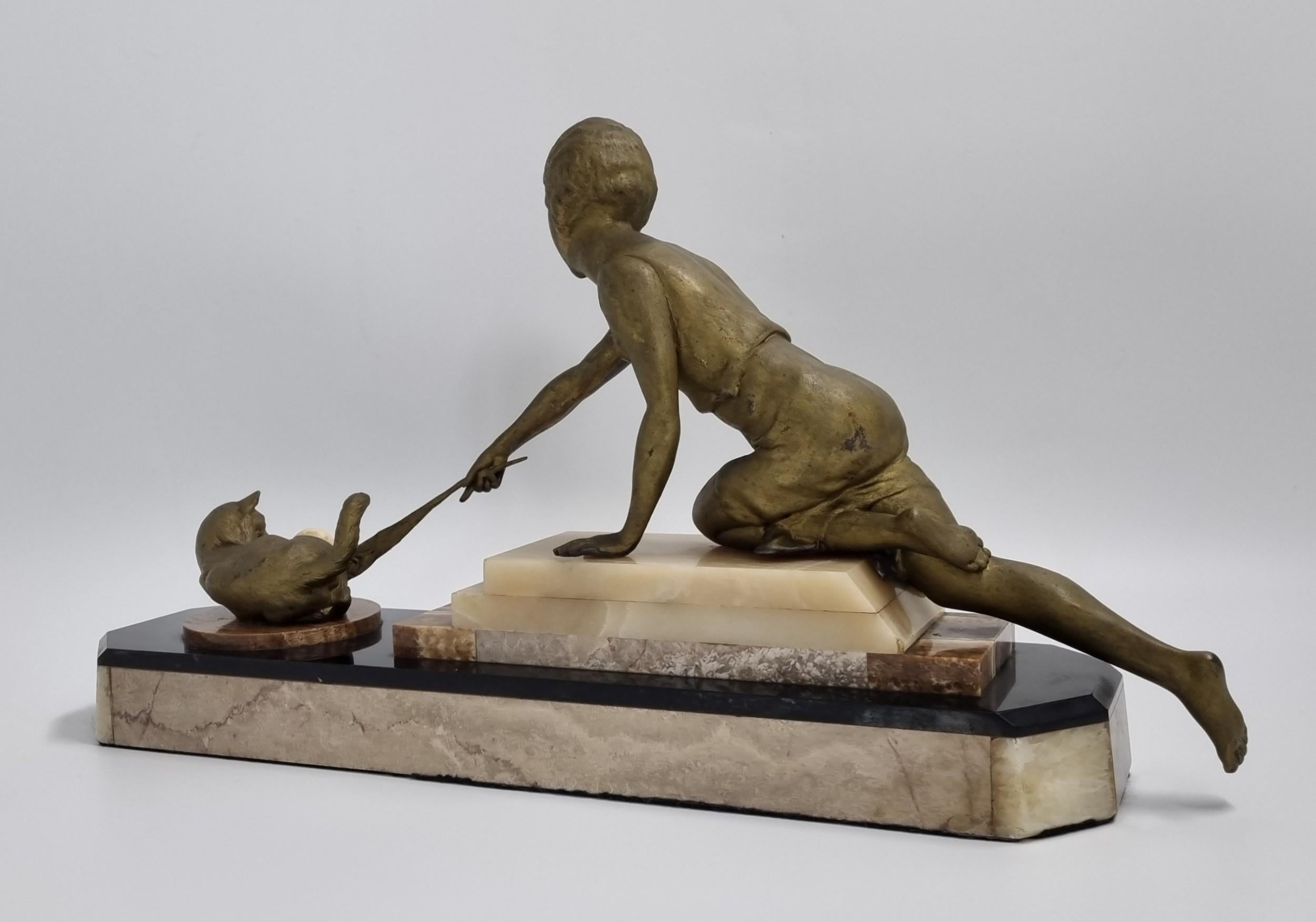 Art Deco Figure , Lady Playing with a Cat C. 1920s For Sale 3