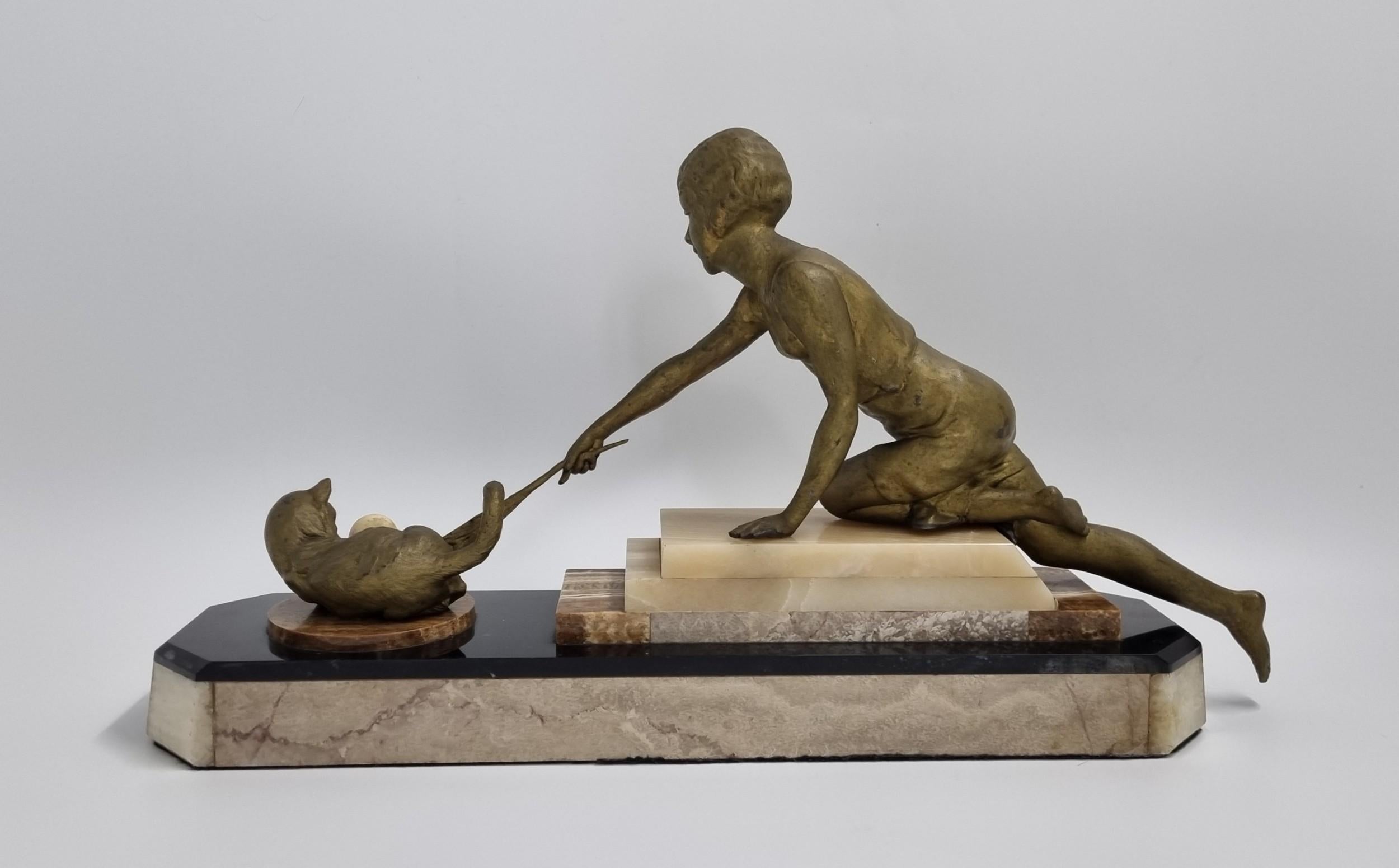 Art Deco Figure , Lady Playing with a Cat C. 1920s For Sale 1