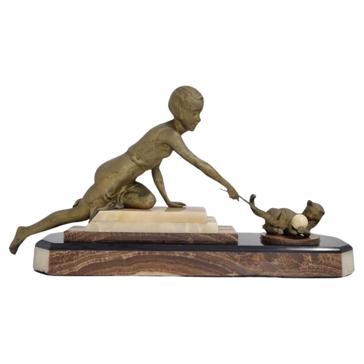 Art Deco Figure , Lady Playing with a Cat C. 1920s For Sale