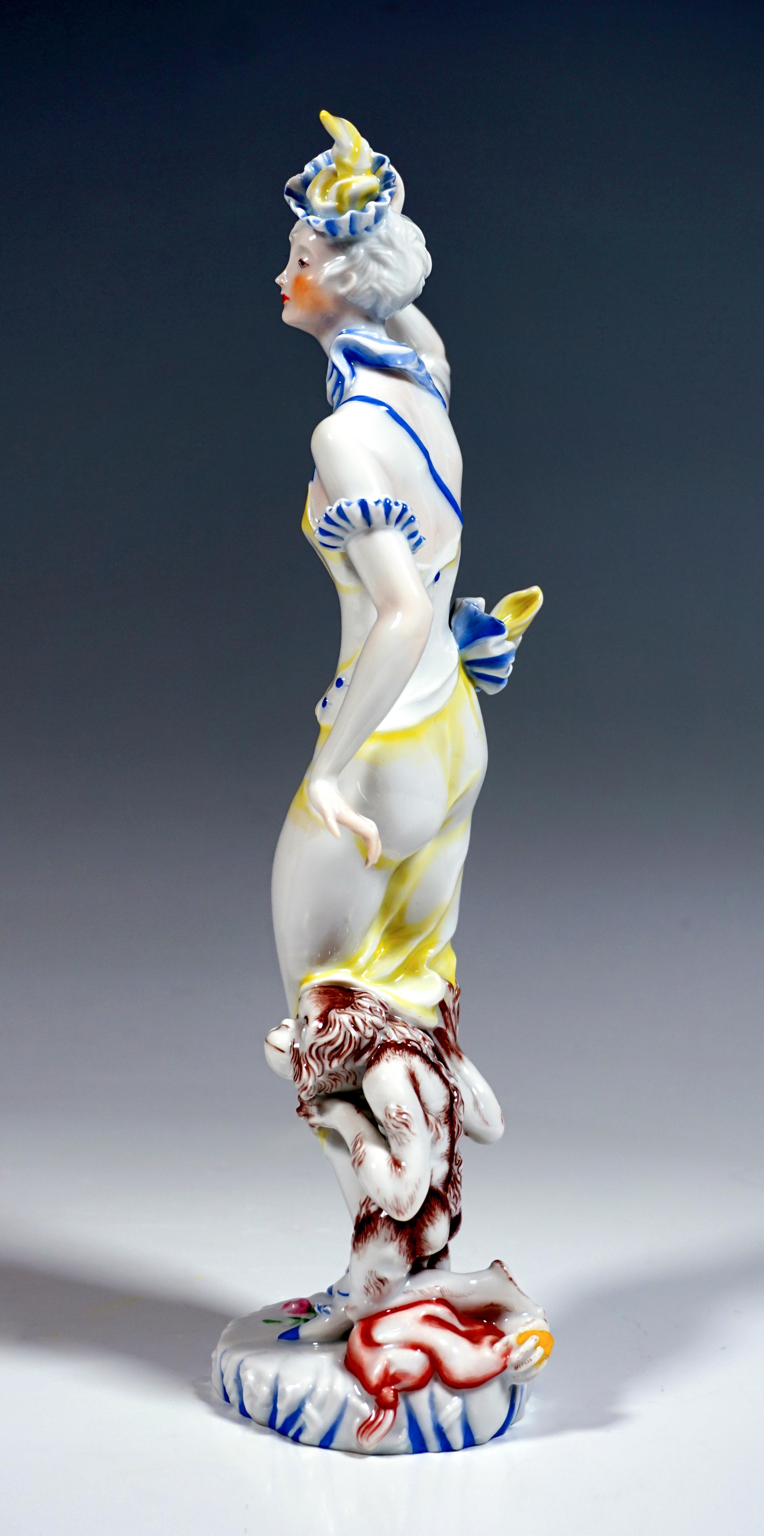 Glazed Art Deco Figure, 'Vanity' Lady with Monkey, Vally Wieselthier, Augarten Vienna