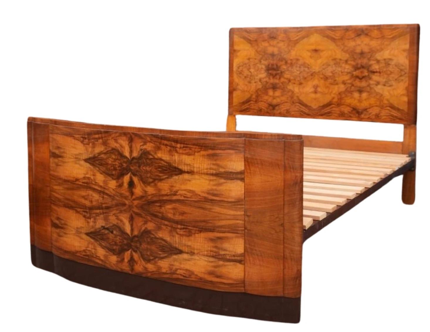 European Art Deco Figured Walnut Bow Front Double Bed For Sale