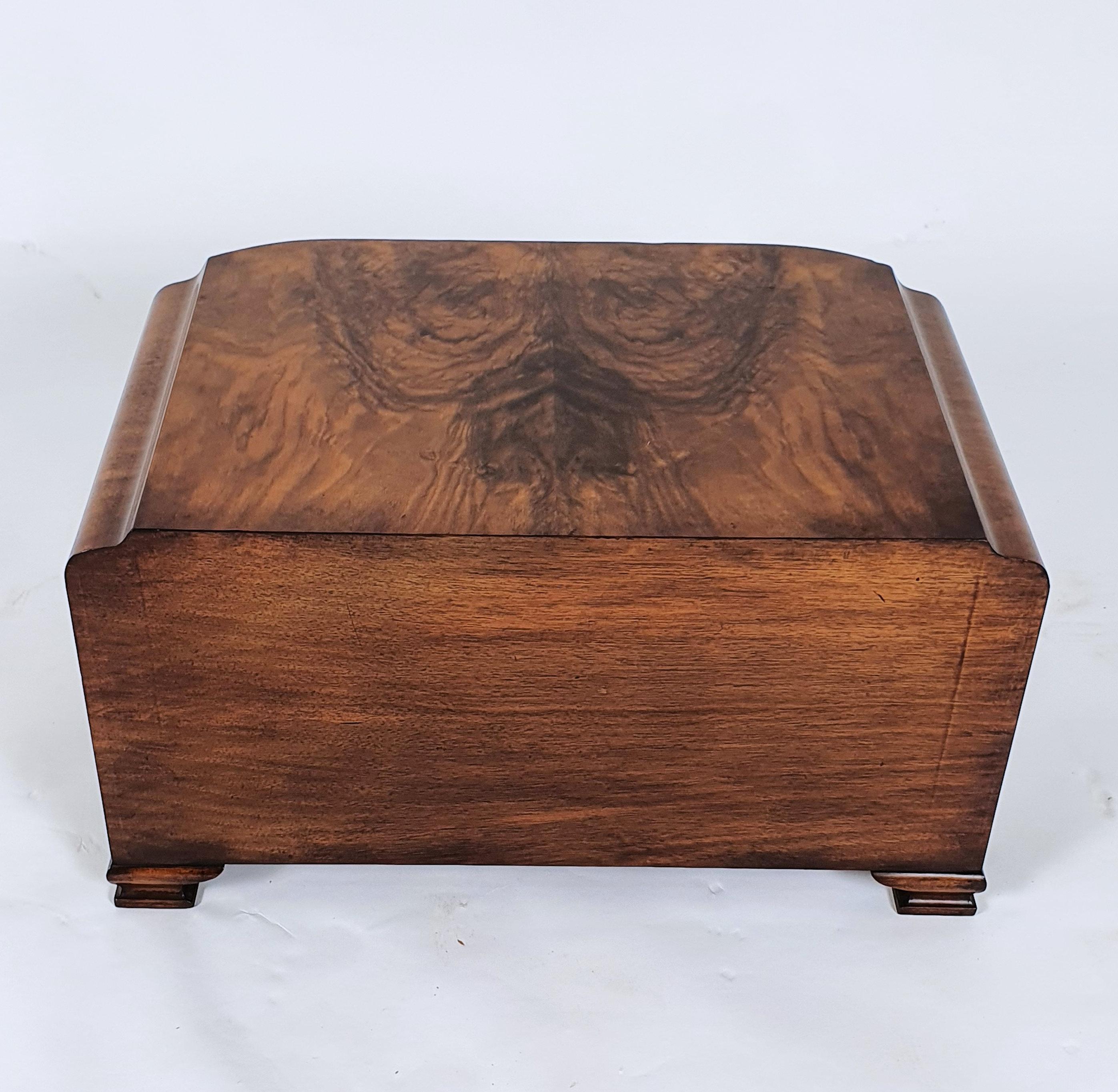 British Art Deco Figured Walnut Bow Fronted Canteen of Cutlery with 3 Fitted Drawers  For Sale