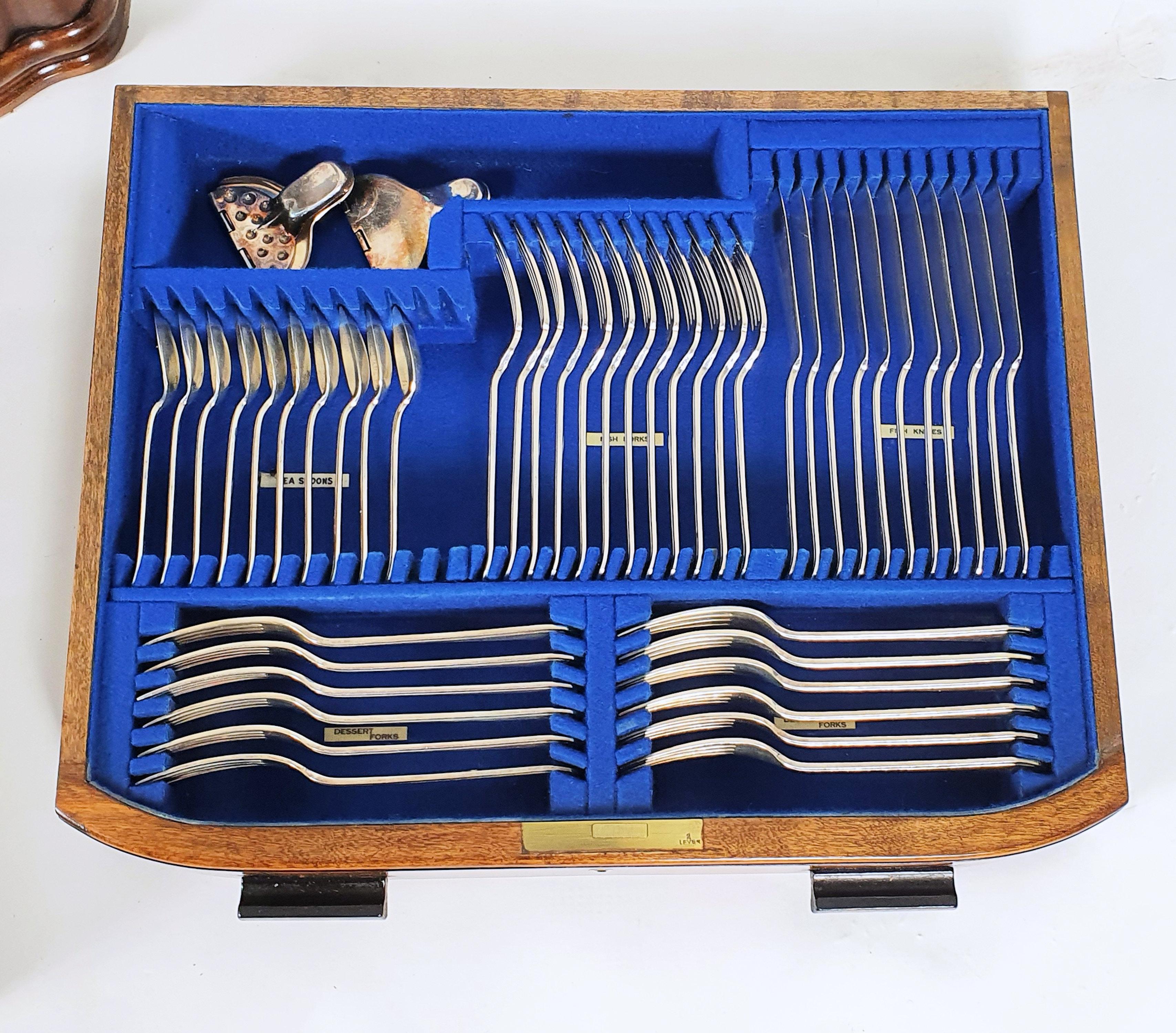 Silver Plate Art Deco Figured Walnut Bow Fronted Canteen of Cutlery with 3 Fitted Drawers  For Sale