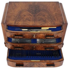 Antique Art Deco Figured Walnut Bow Fronted Canteen of Cutlery with 3 Fitted Drawers