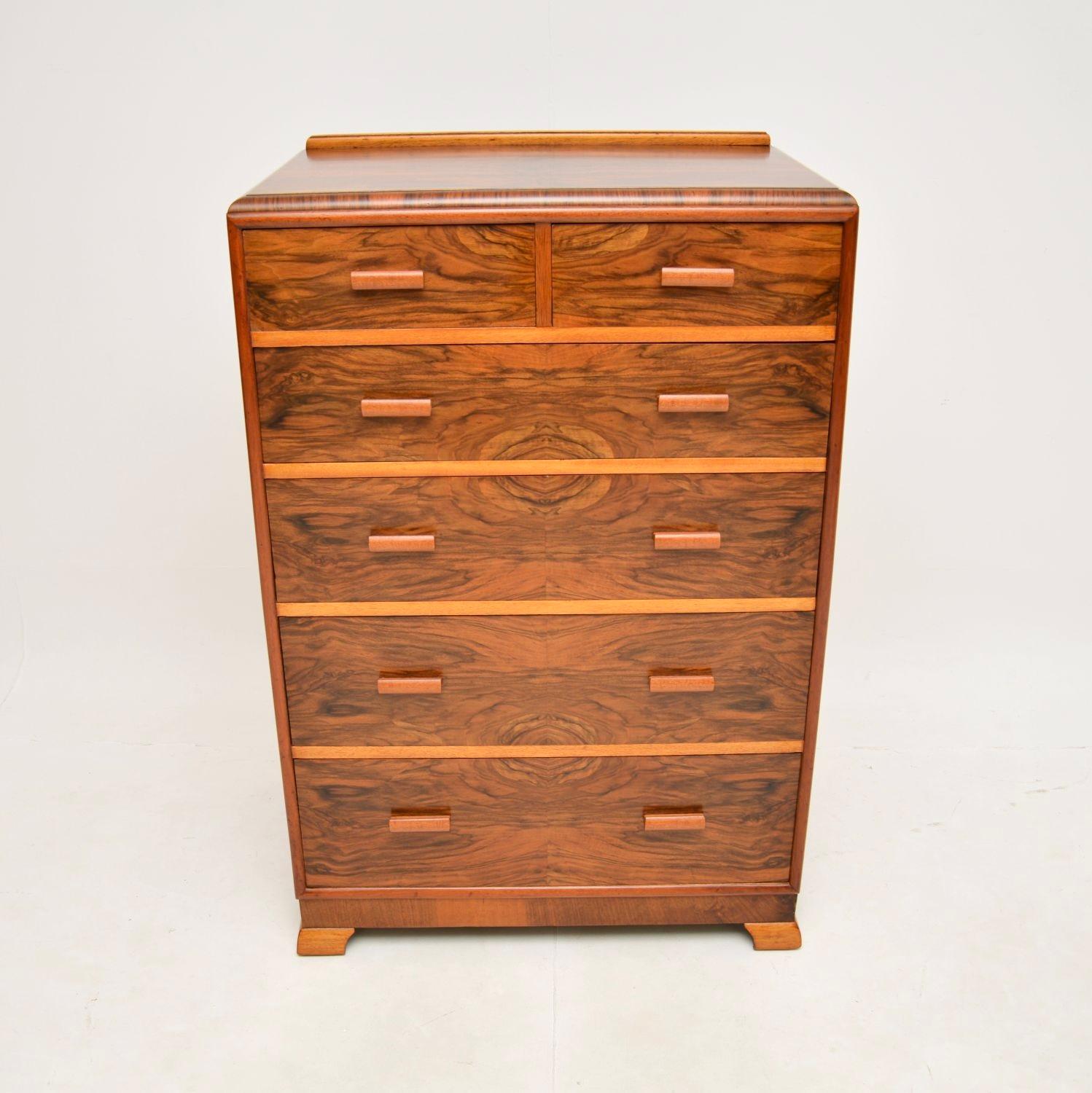 British Art Deco Figured Walnut Chest of Drawers For Sale