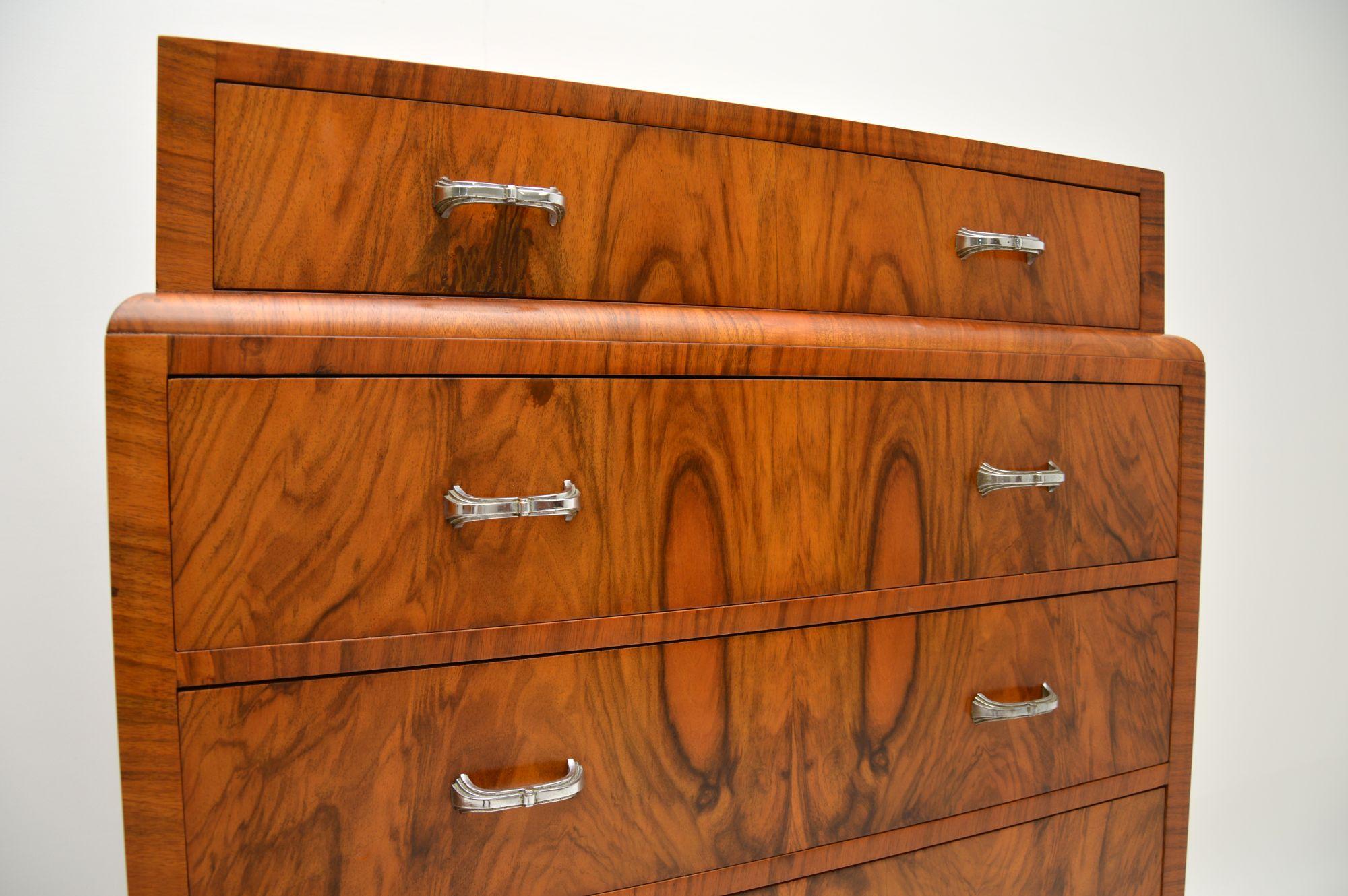 English Art Deco Figured Walnut Chest of Drawers Vintage, 1930’s