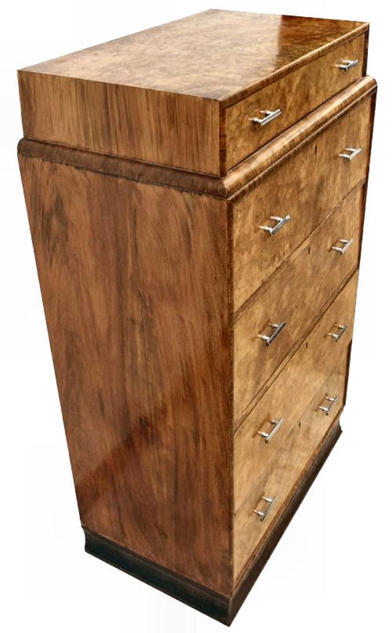 Art Deco Figured Walnut Chest of Five Drawers, English, C1930's In Good Condition In Devon, England